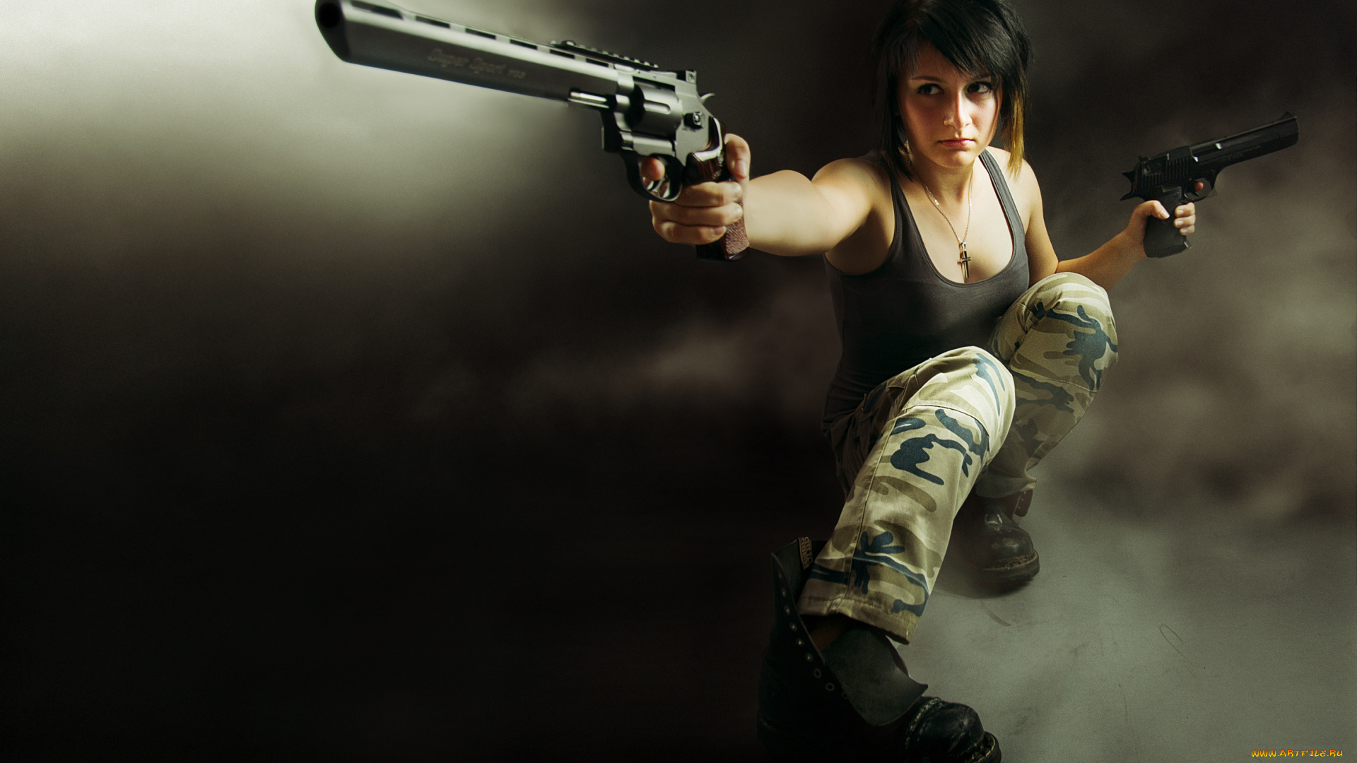 девушки, -, девушки, с, оружием, девушка, фон, револьвер