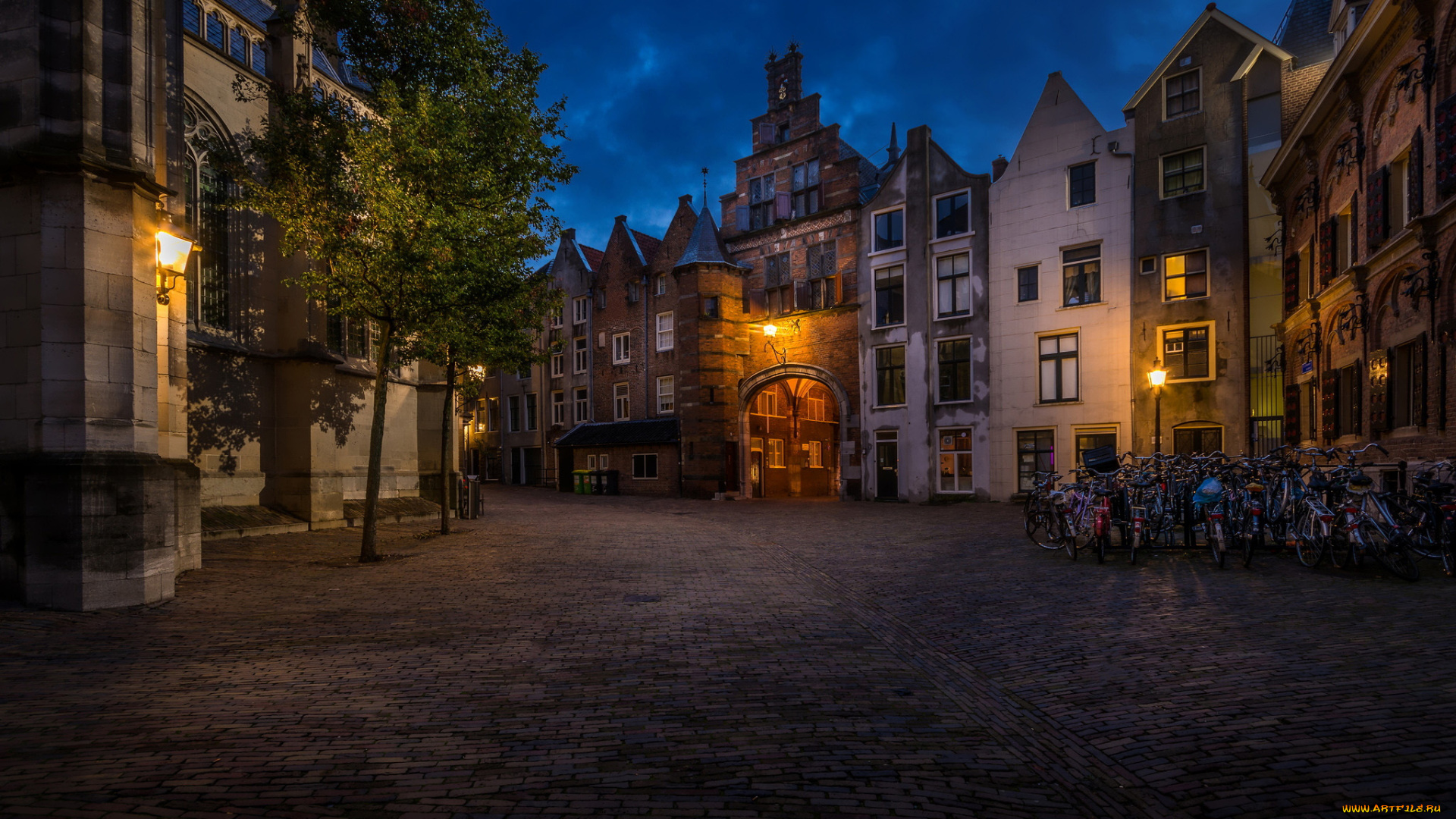 города, -, огни, ночного, города, улица, дома, вечер