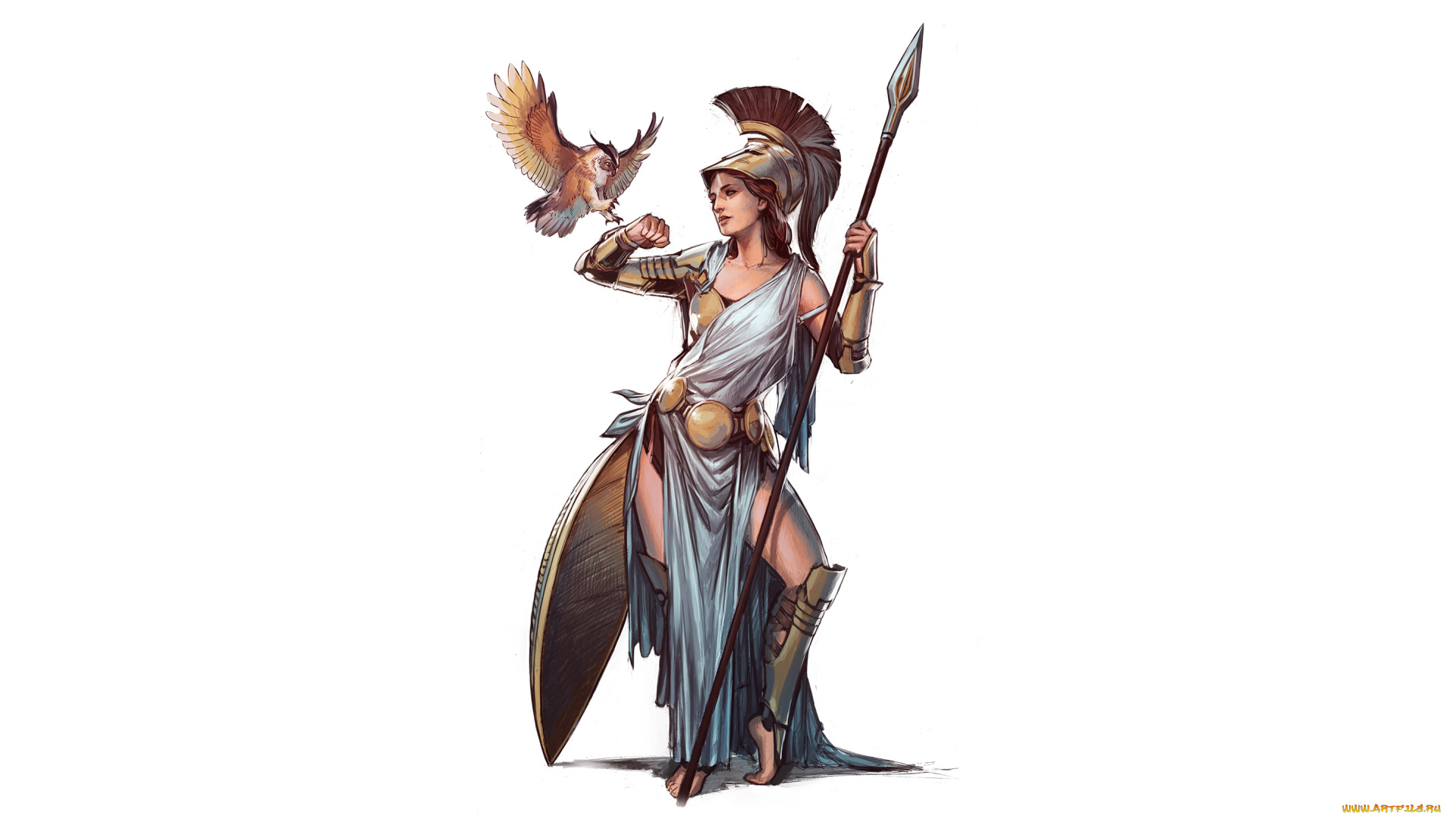 рисованное, комиксы, девушка, фон, униформа, щит, копье, сова