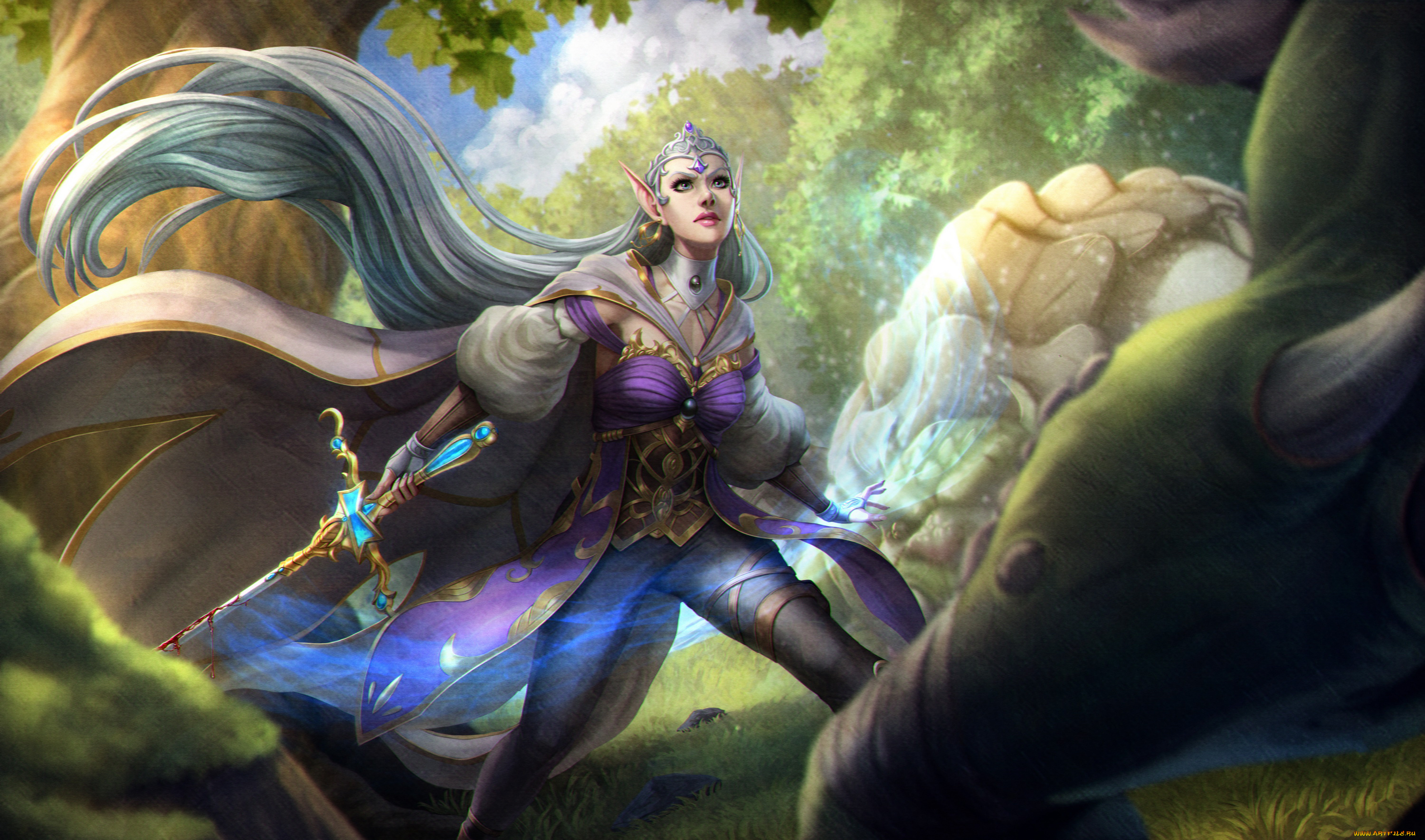 фэнтези, эльфы, девушка, фон, взгляд, униформа, меч