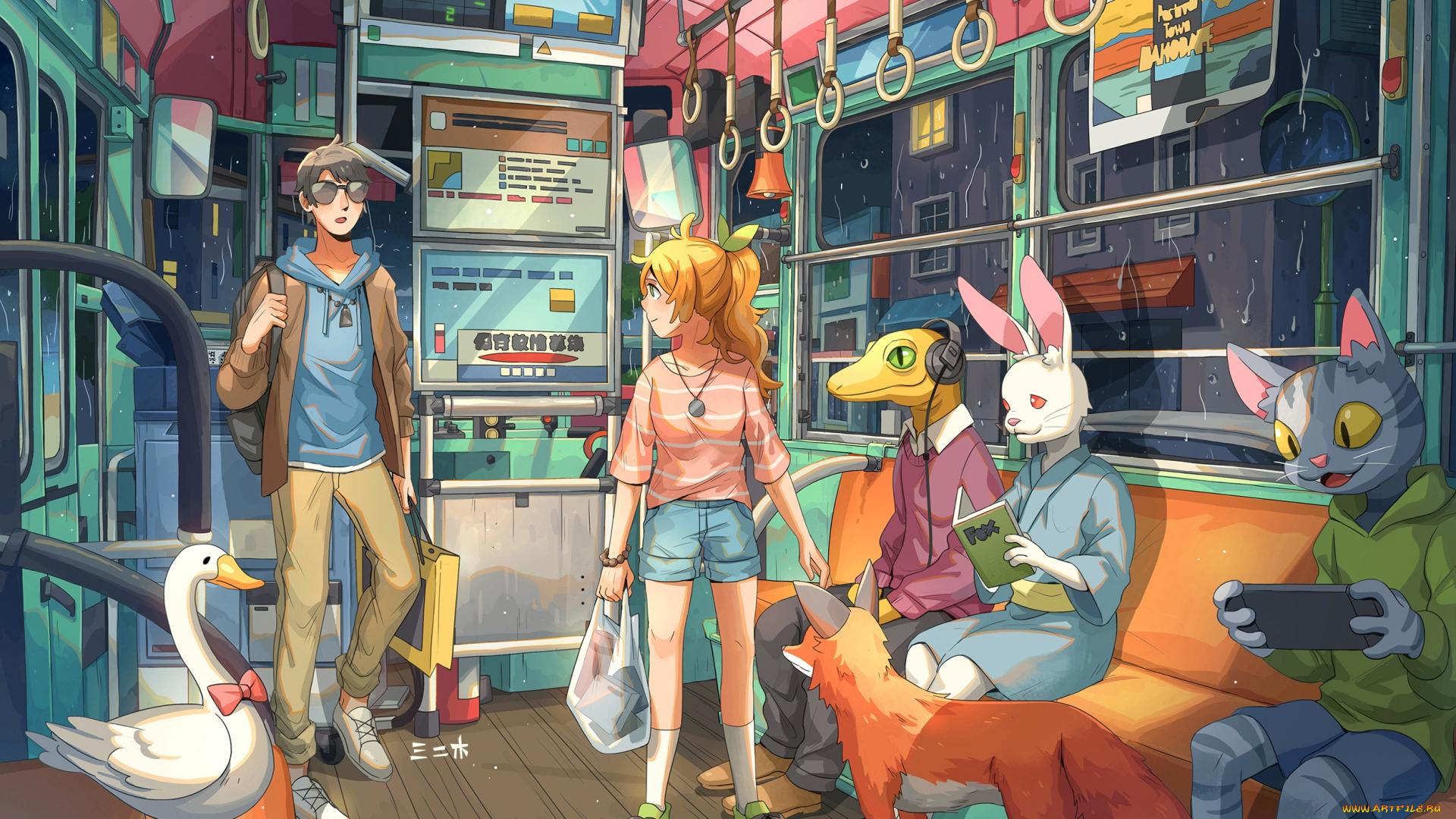 аниме, животные, , существа, парень, девушка, автобус