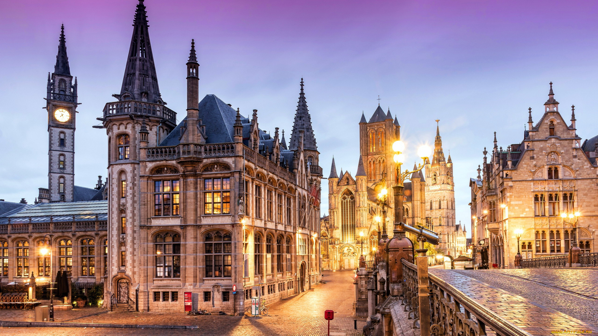 города, гент, , бельгия, вечер, огни, здания