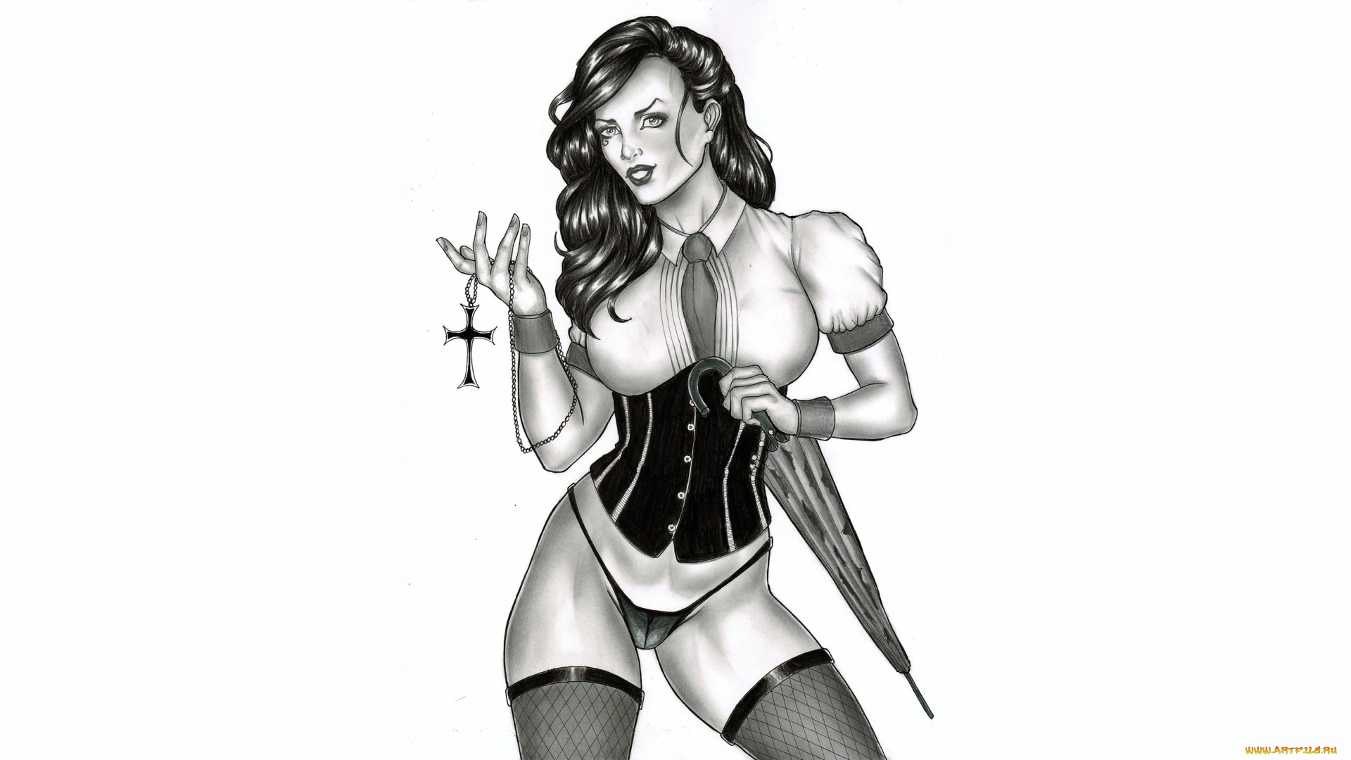 рисованное, elberty, oliveira, девушка, фон, взгляд, чулки, зонт, крест, скетч