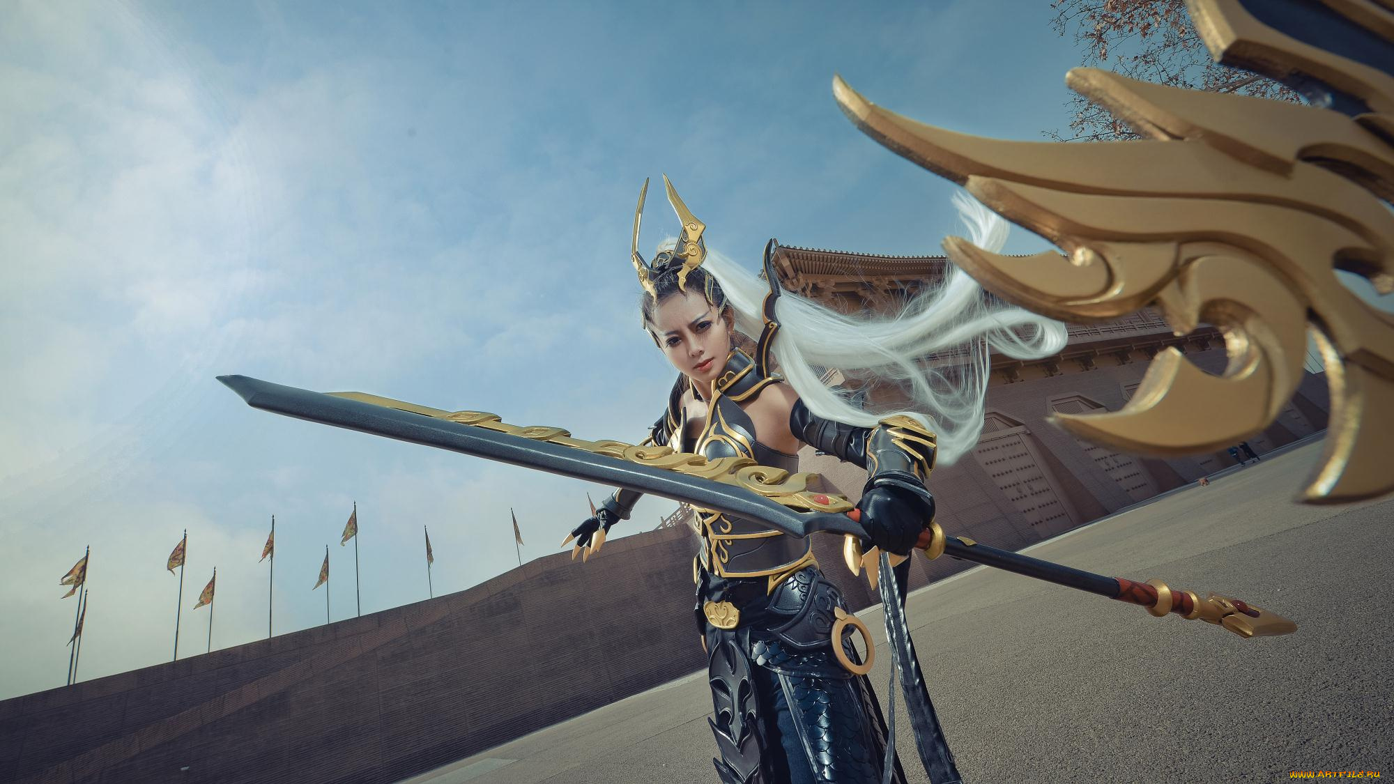 видео, игры, swordsman, девушка, оружие, здание, площадь