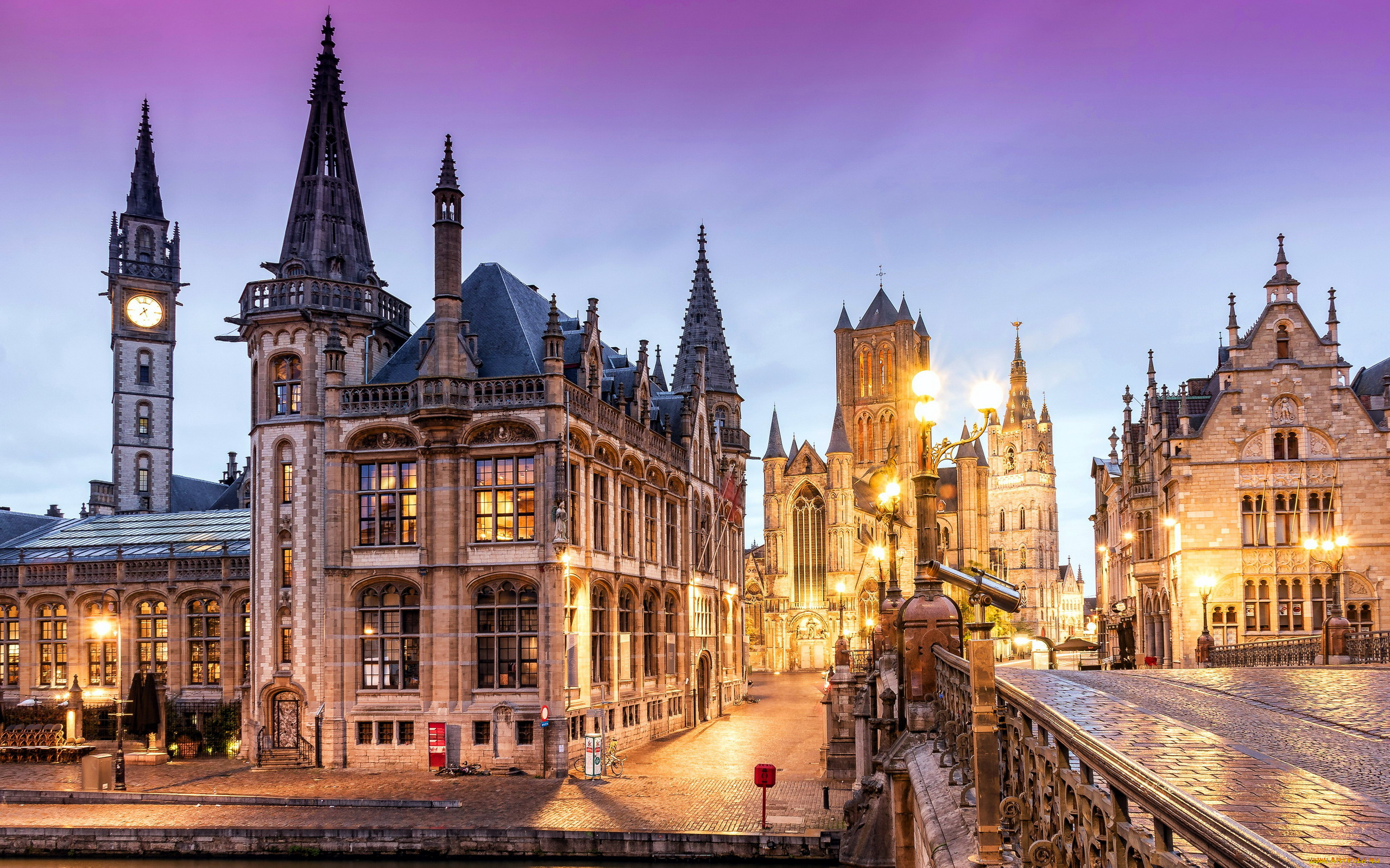 города, гент, , бельгия, вечер, огни, здания