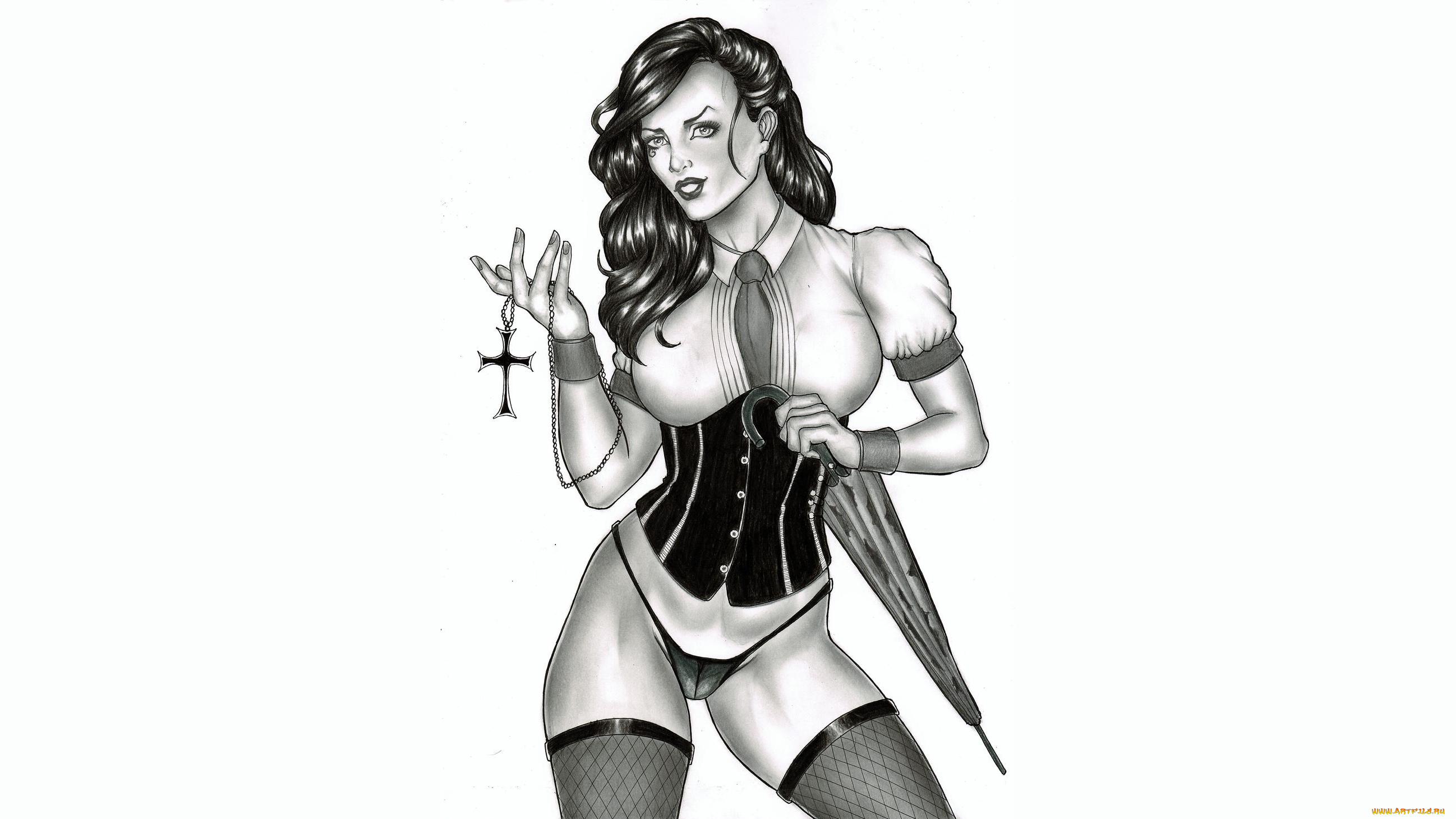 рисованное, elberty, oliveira, девушка, фон, взгляд, чулки, зонт, крест, скетч