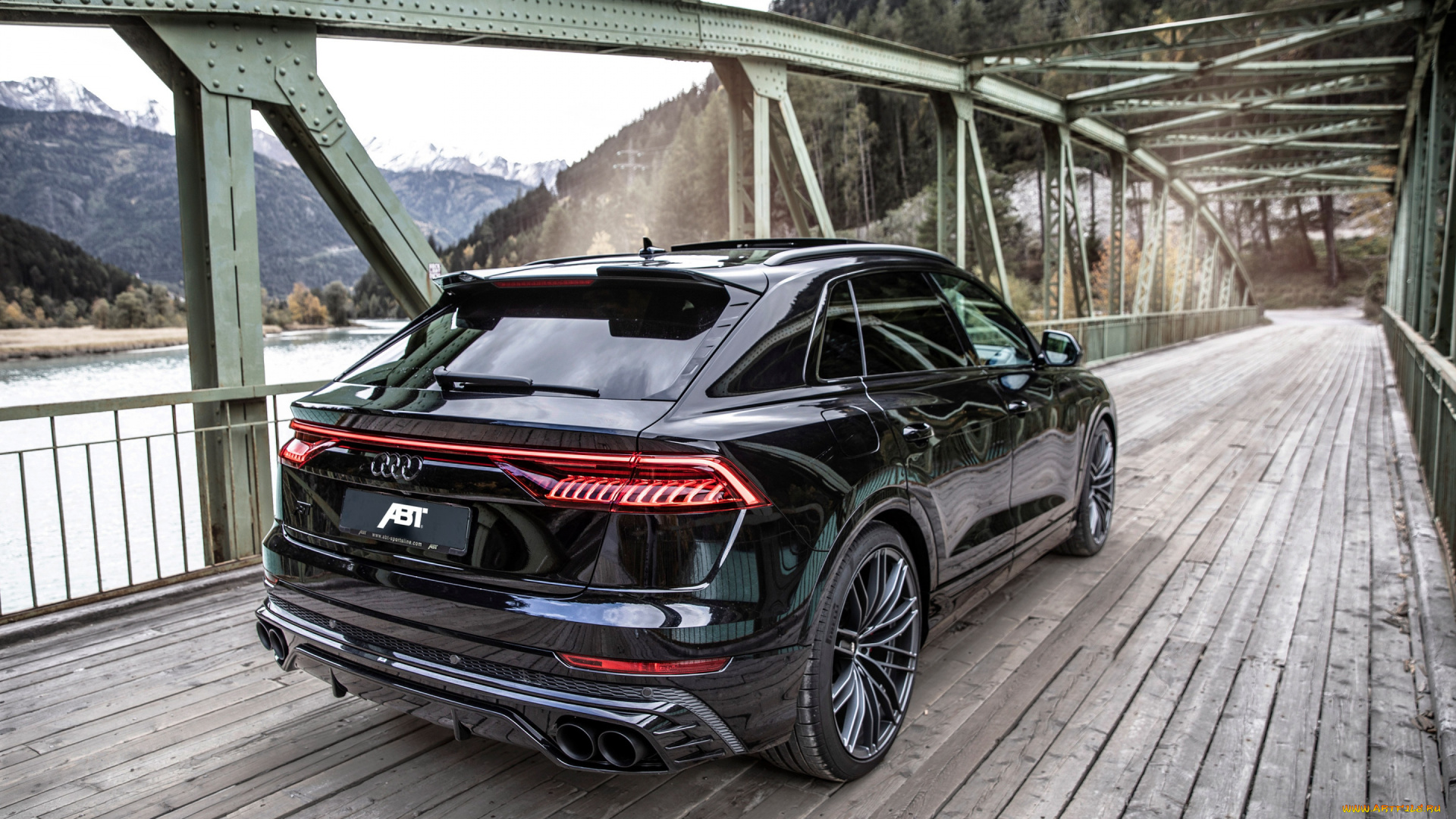 автомобили, audi, 2022, sq8, abt, вид, сзади, люкс, внедорожник, черный, новый, тюнинг, немецкие, мост, aуди, река