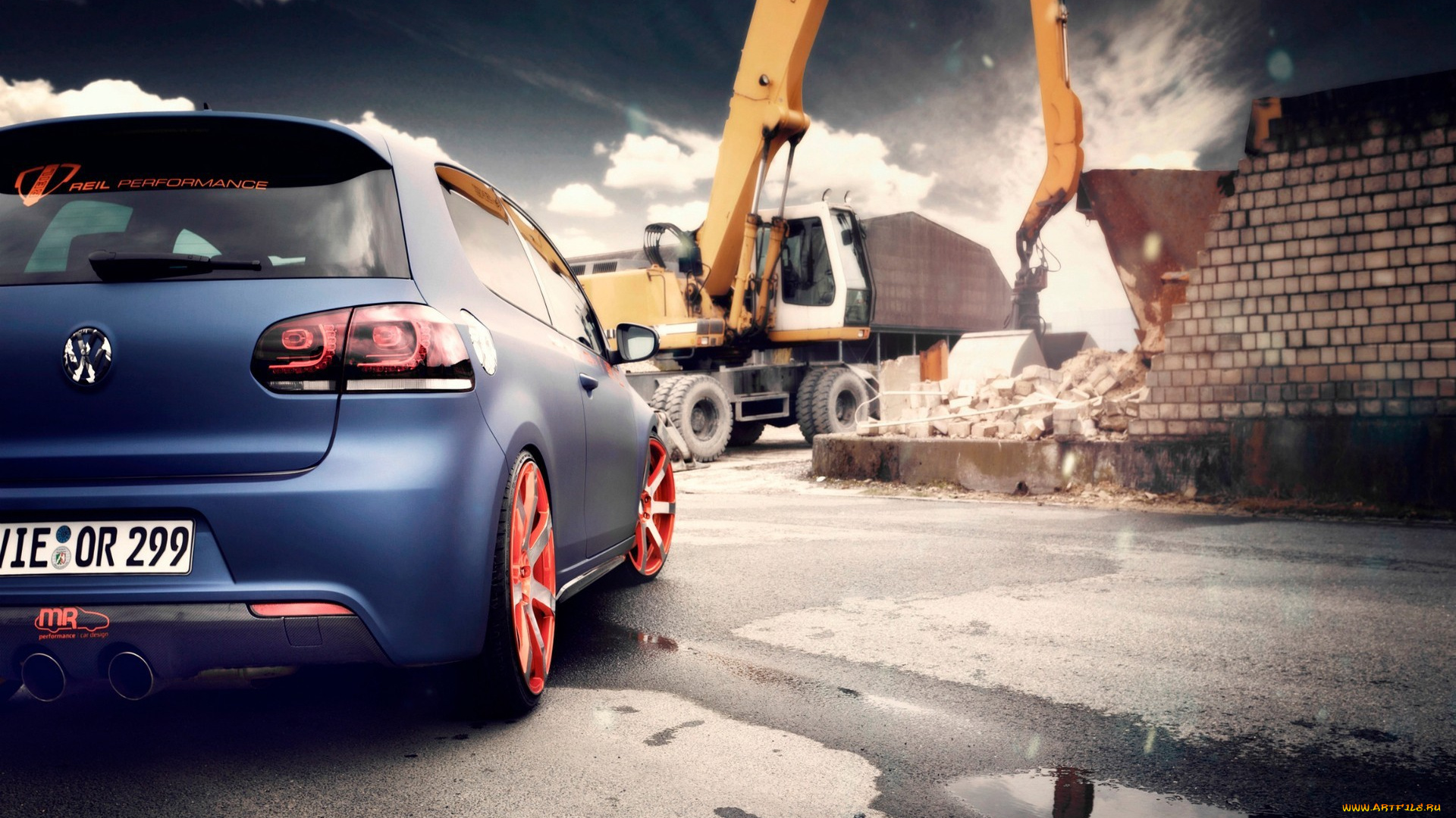 автомобили, volkswagen, синяя, экскаватор, дома