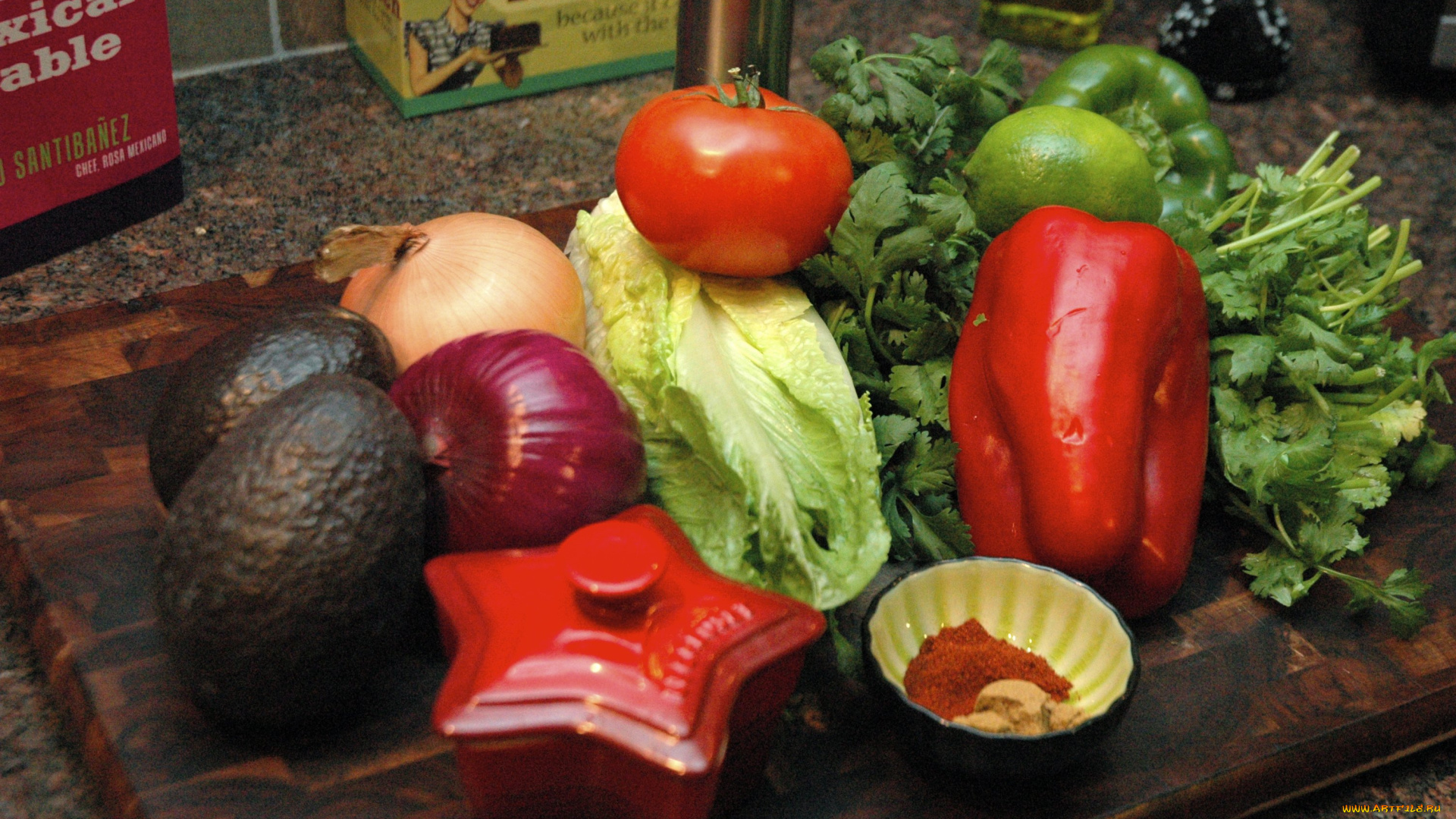 еда, фрукты, и, овощи, вместе, перец, овокадо, лук, лайм