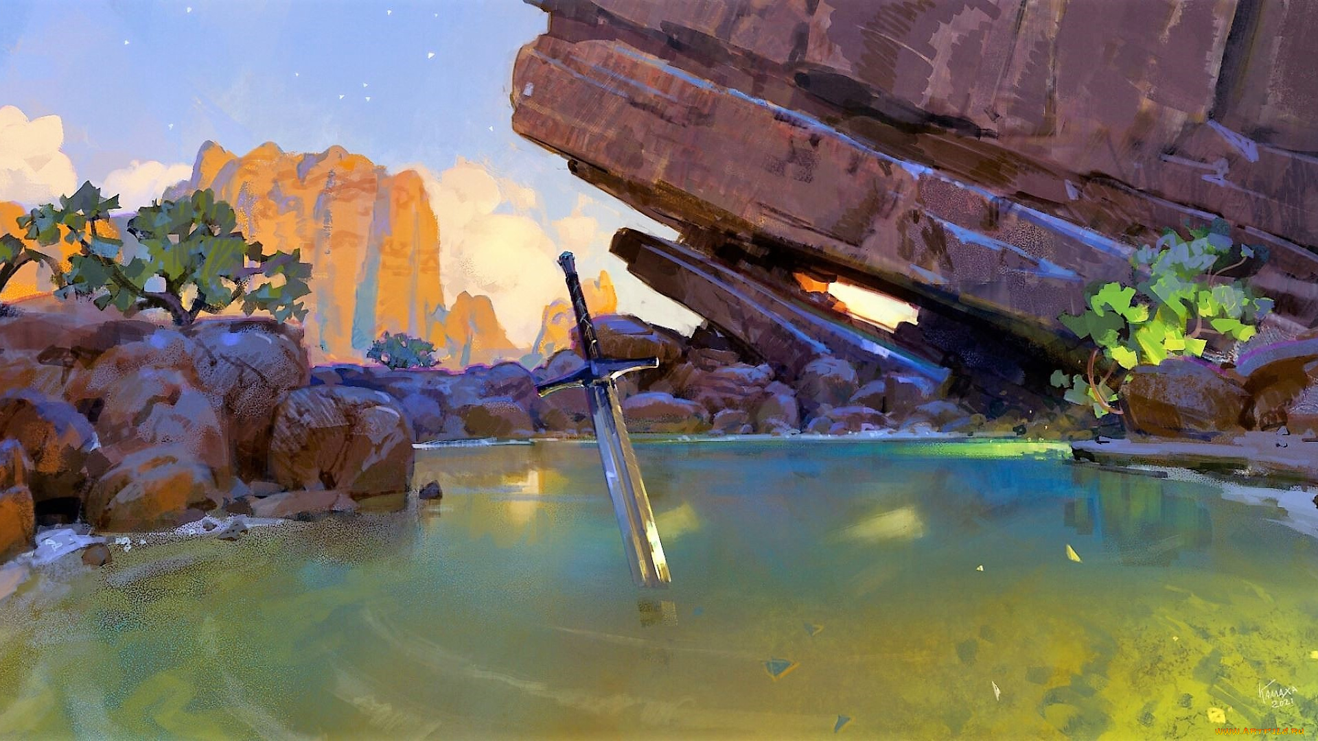 фэнтези, иные, миры, , иные, времена, меч, озеро, камни, скалы