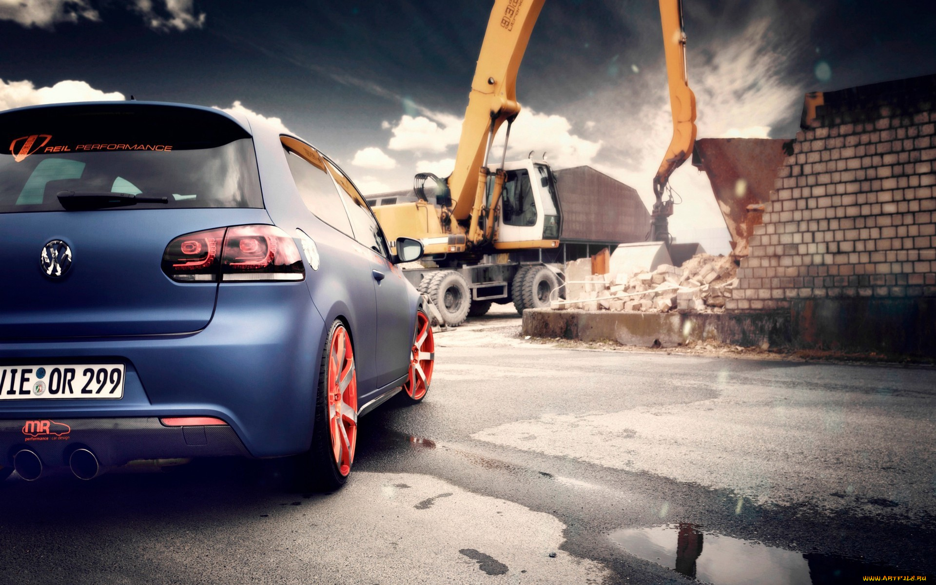 автомобили, volkswagen, синяя, экскаватор, дома