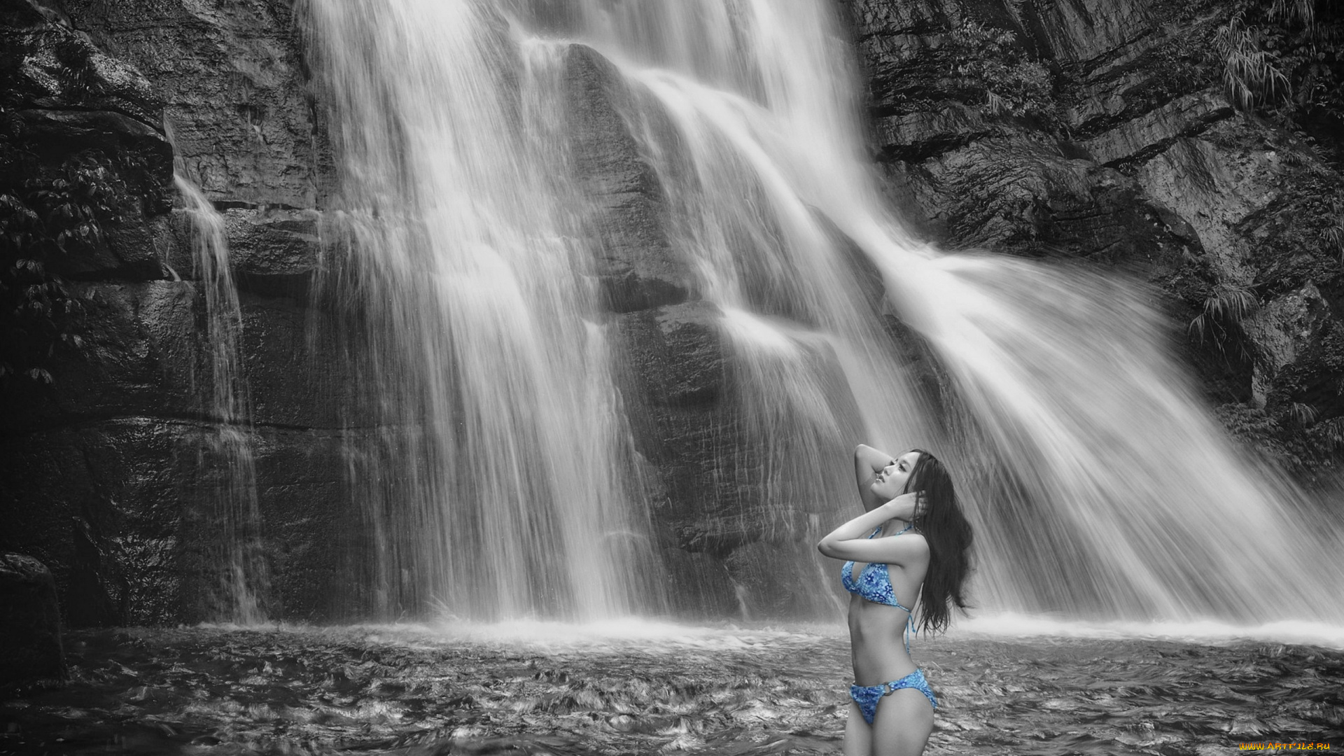 девушки, -, азиатки, водопад, поток, азиатка, бикини