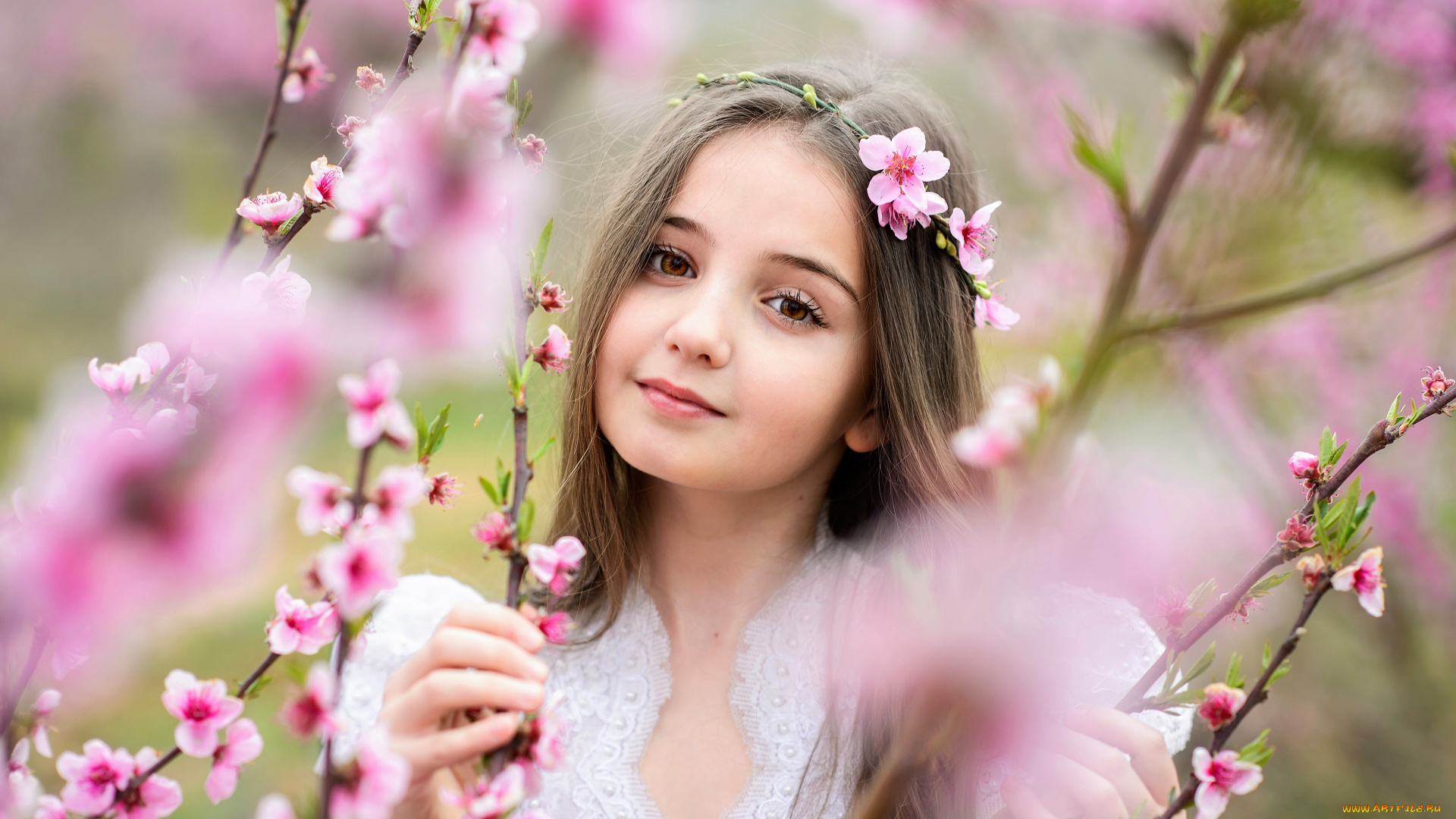 разное, дети, девочка, весна, цветение, ветки