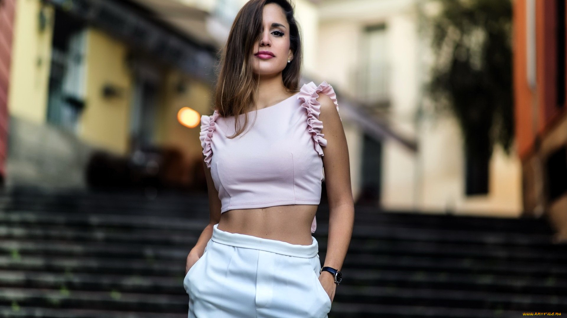 девушки, -, брюнетки, , шатенки, шатенка, топ, брюки, лестница