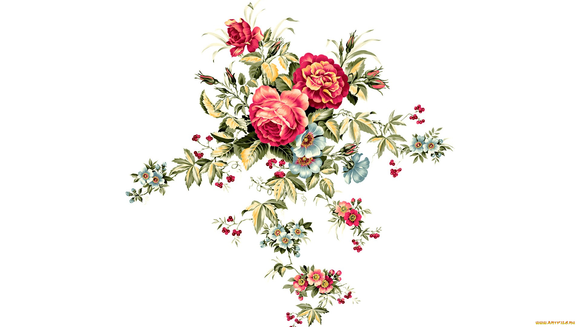 рисованное, цветы, листья