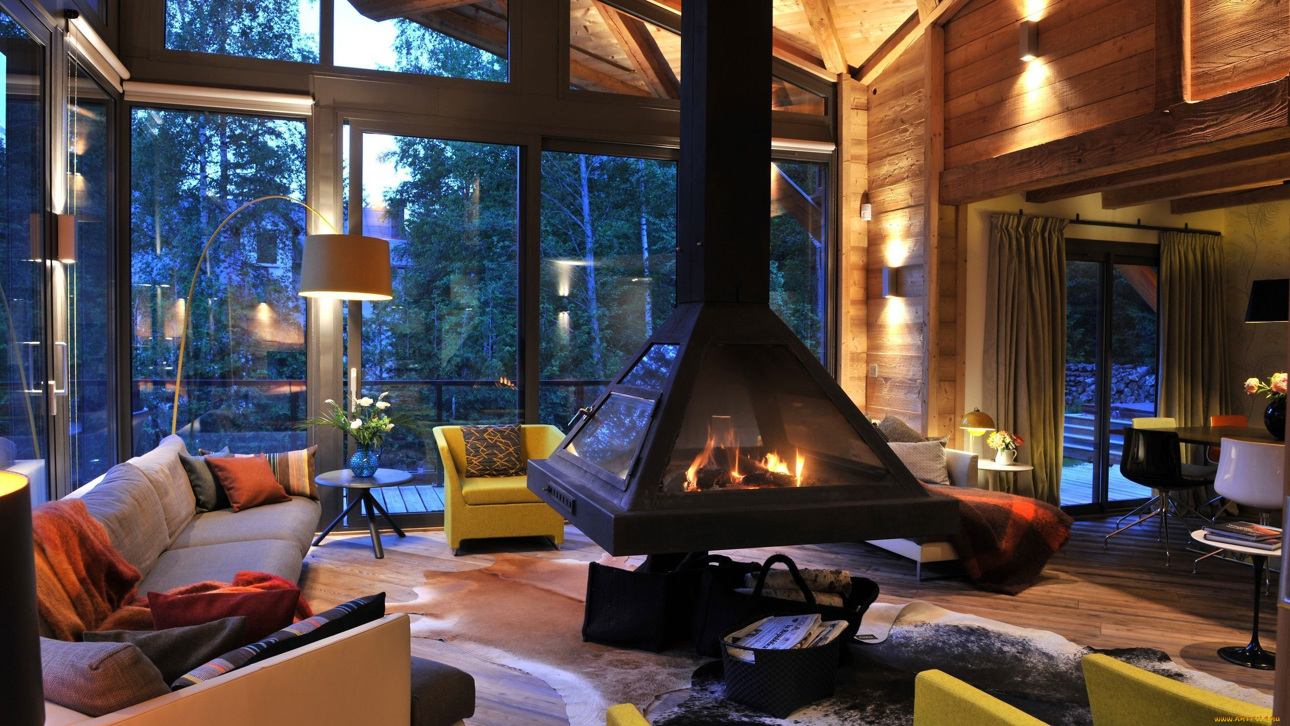 интерьер, гостиная, камин, торшер, мягкий, уголок