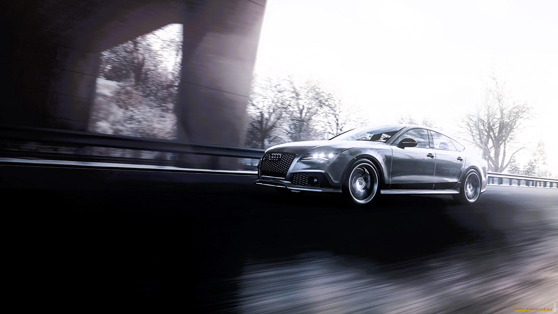 audi, rs7, автомобили, audi, серебристый, скорость, дорога, мост