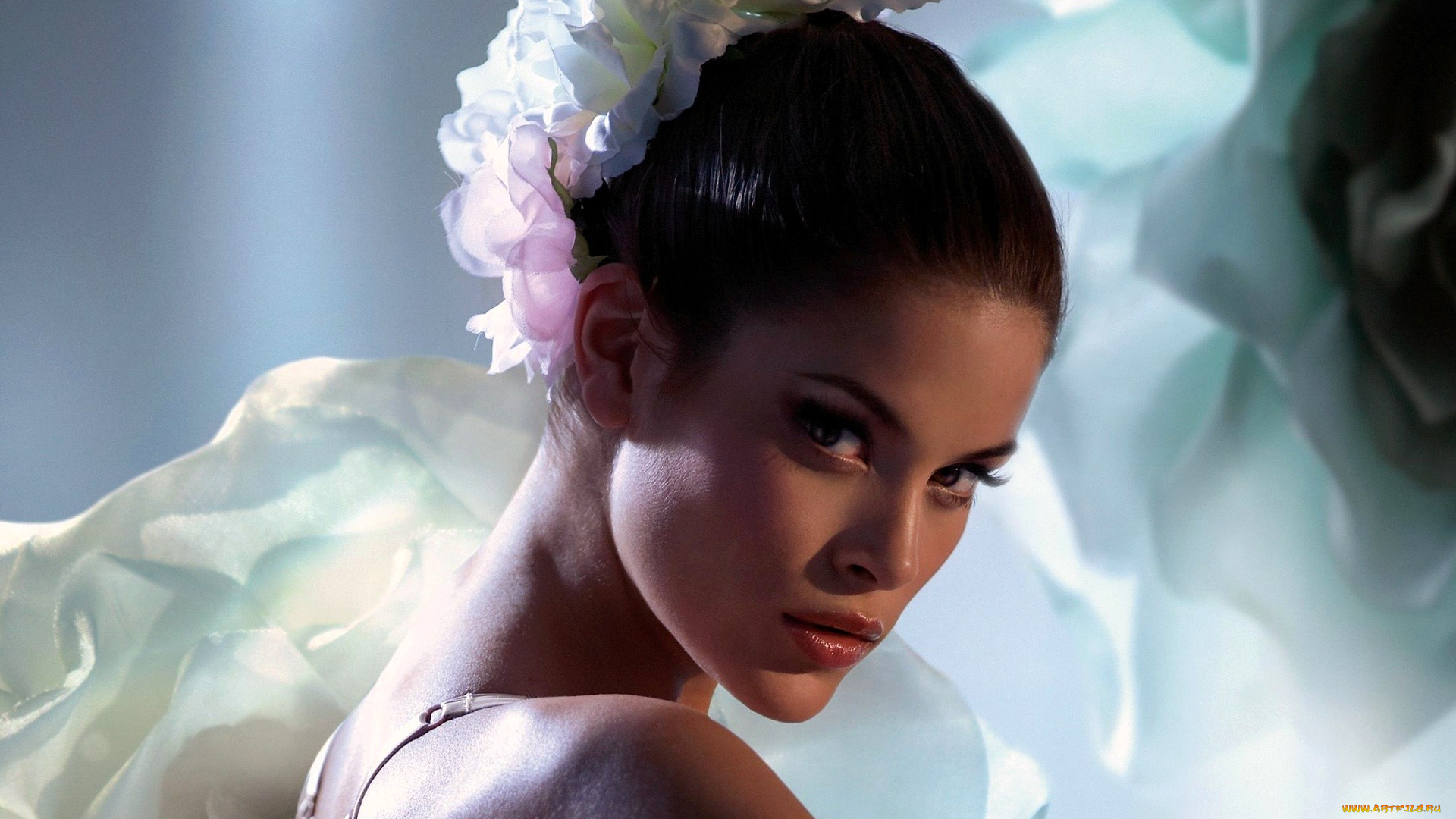 девушки, jenna, pietersen, брюнетка, лицо, цветы