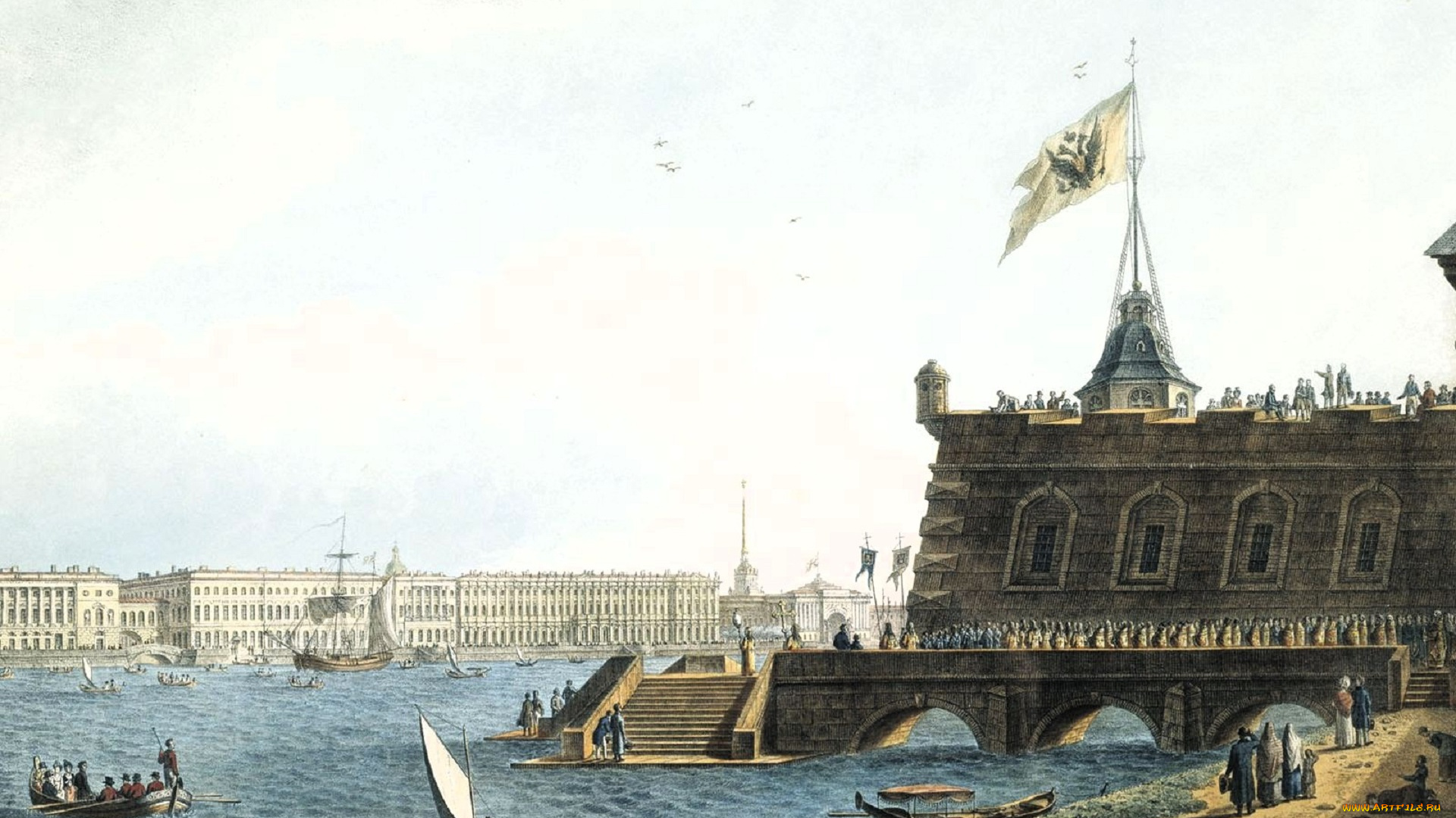 рисованное, степан, галактионов, здания, корабли, город, река