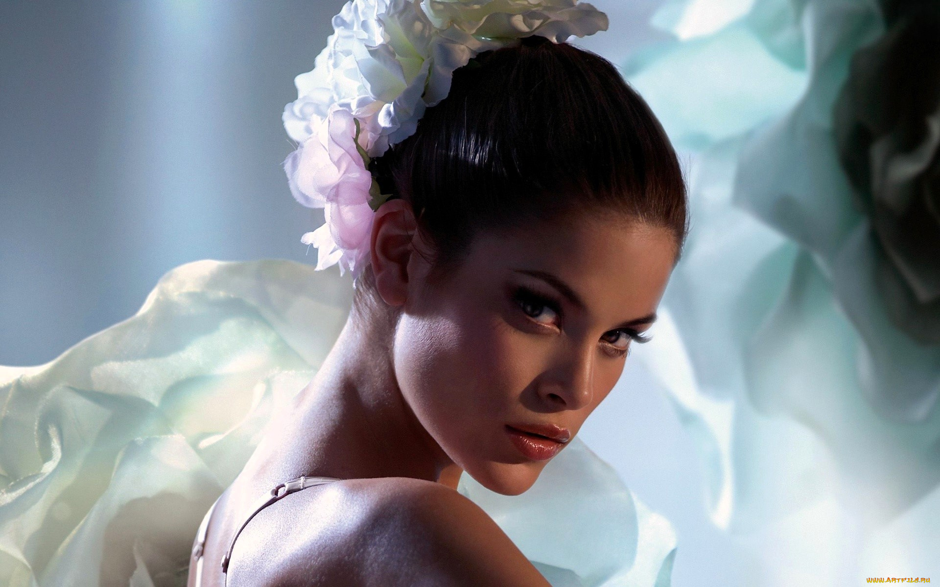 девушки, jenna, pietersen, брюнетка, лицо, цветы