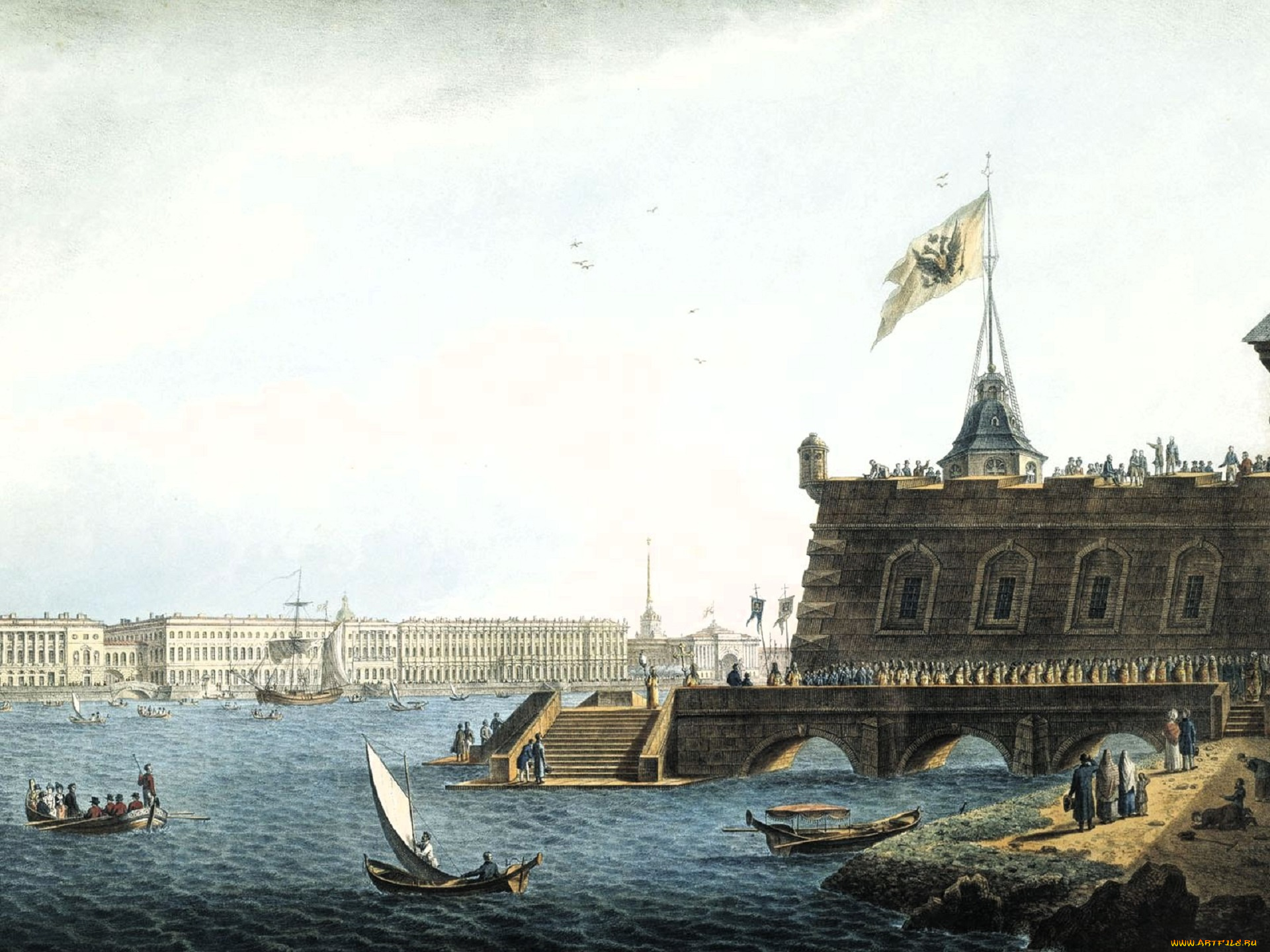 рисованное, степан, галактионов, здания, корабли, город, река