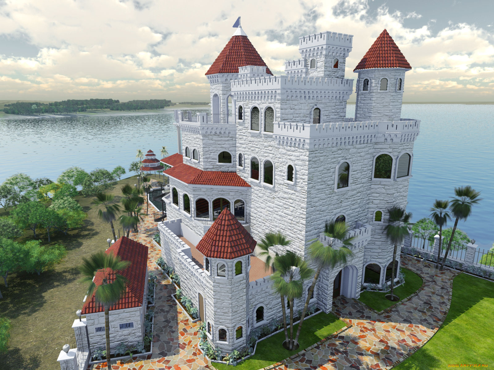 3д, графика, architecture, архитектура, замок, море, деревья