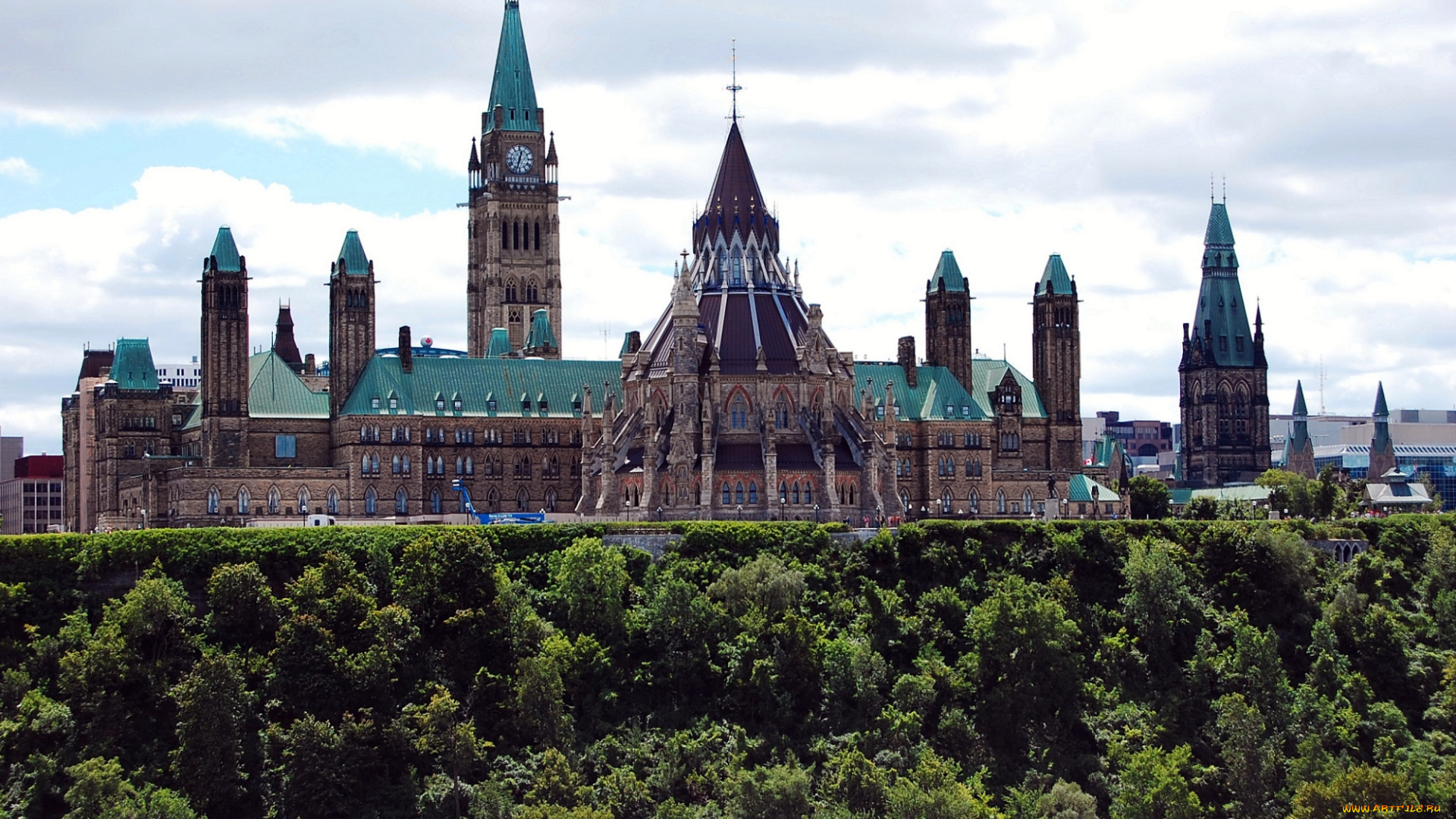 города, оттава, канада, деревья, башня, парламент, холм
