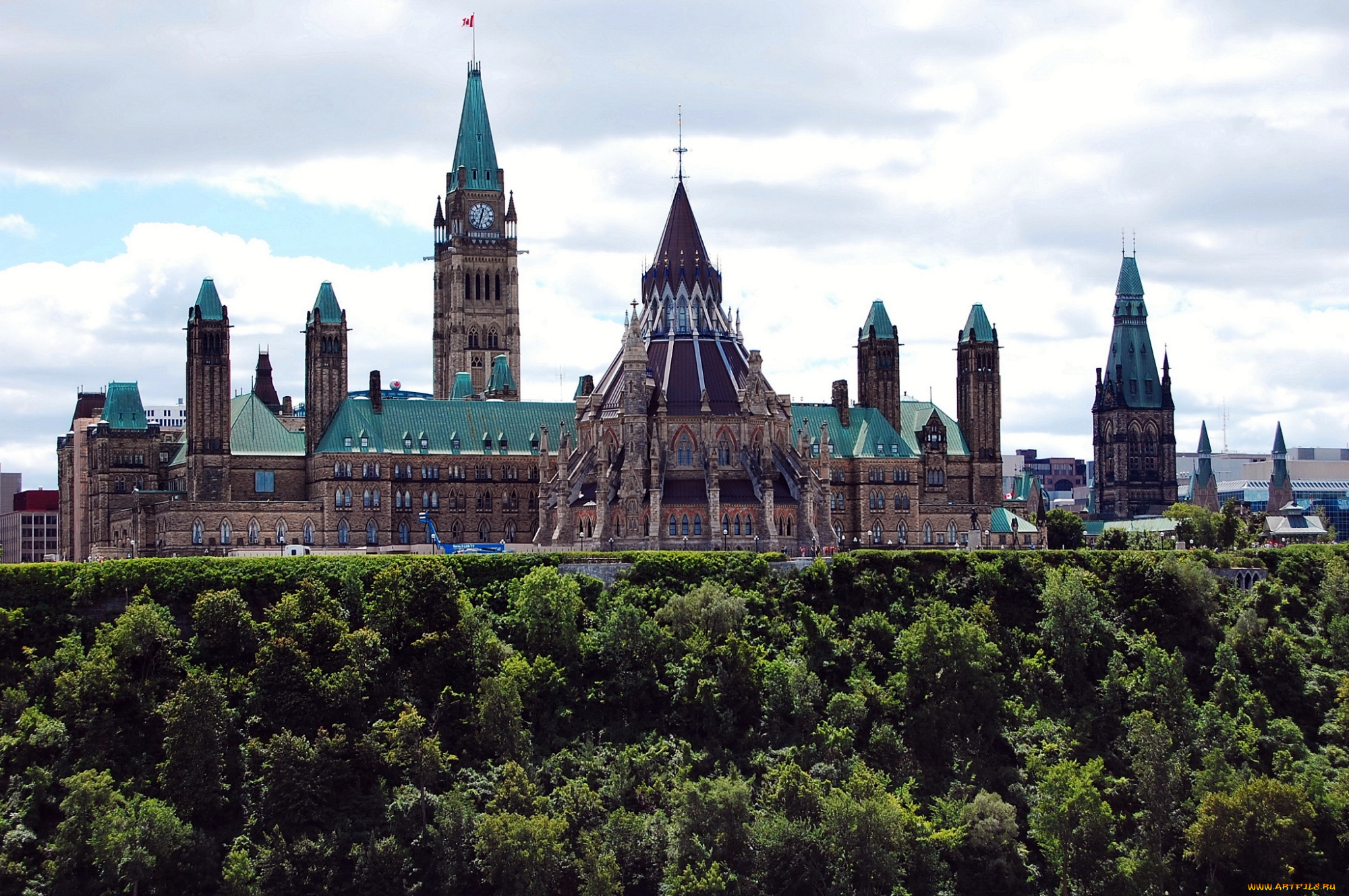 города, оттава, канада, деревья, башня, парламент, холм