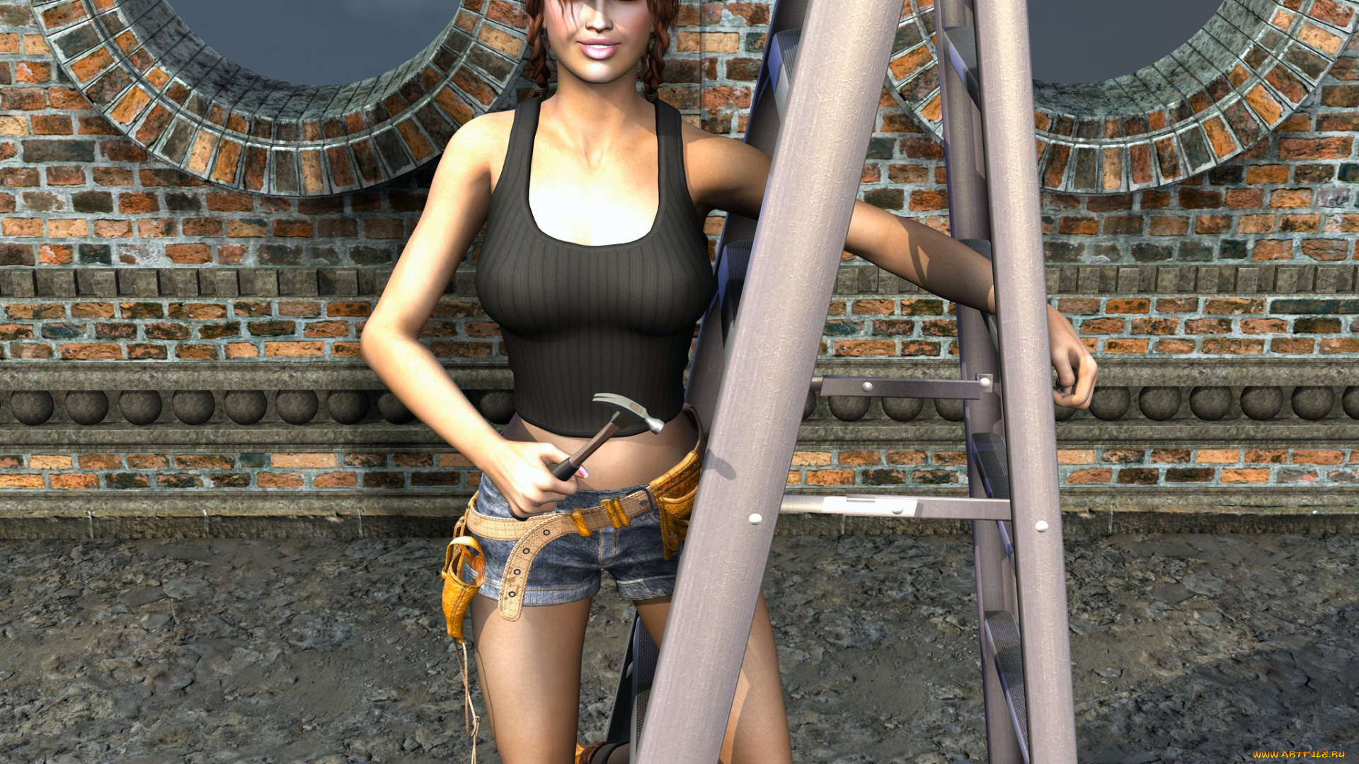 3д, графика, people, люди, девушка, стремянка