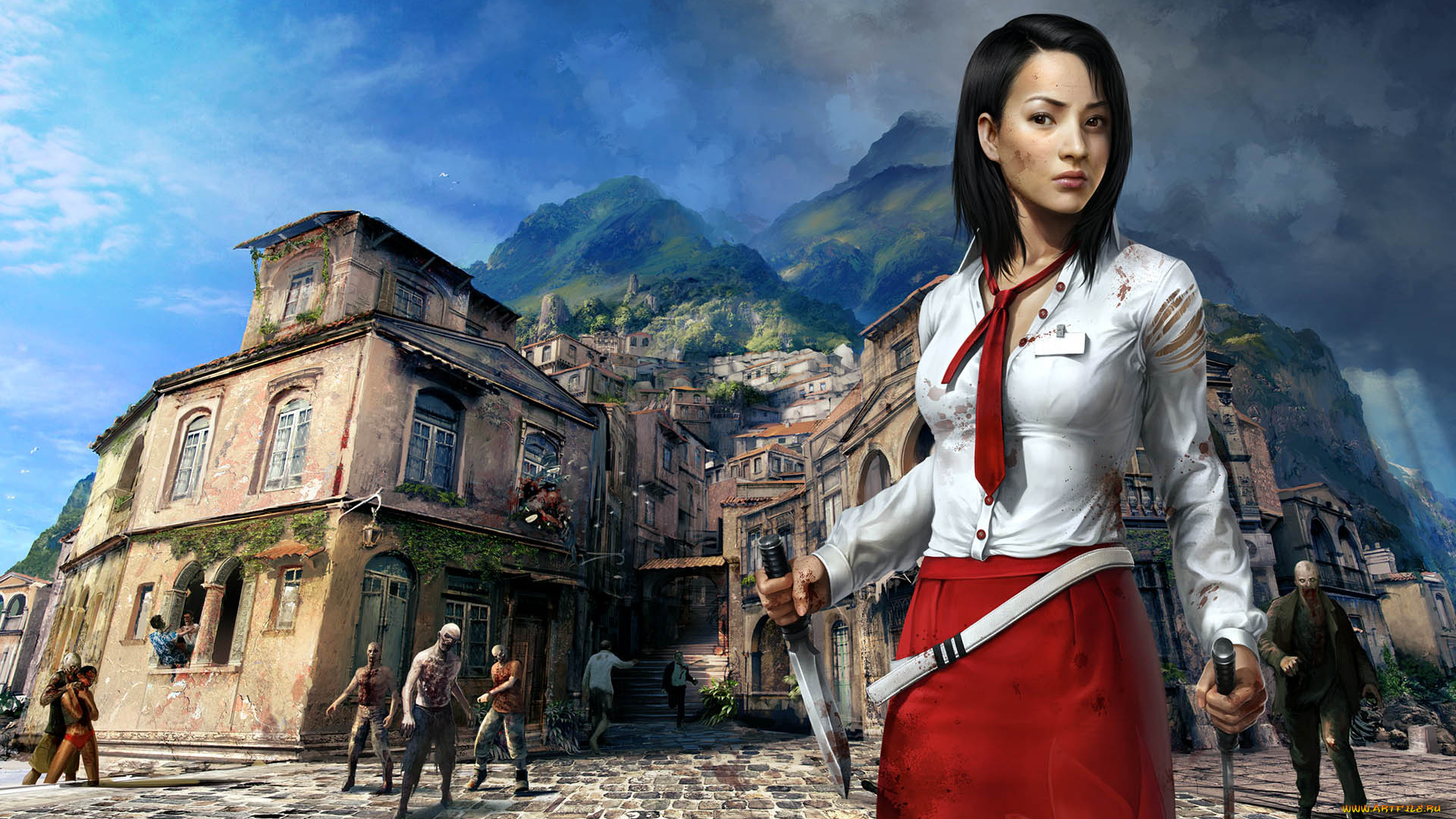 dead, island, riptide, видео, игры, девушка, кинжалы, зомби, город