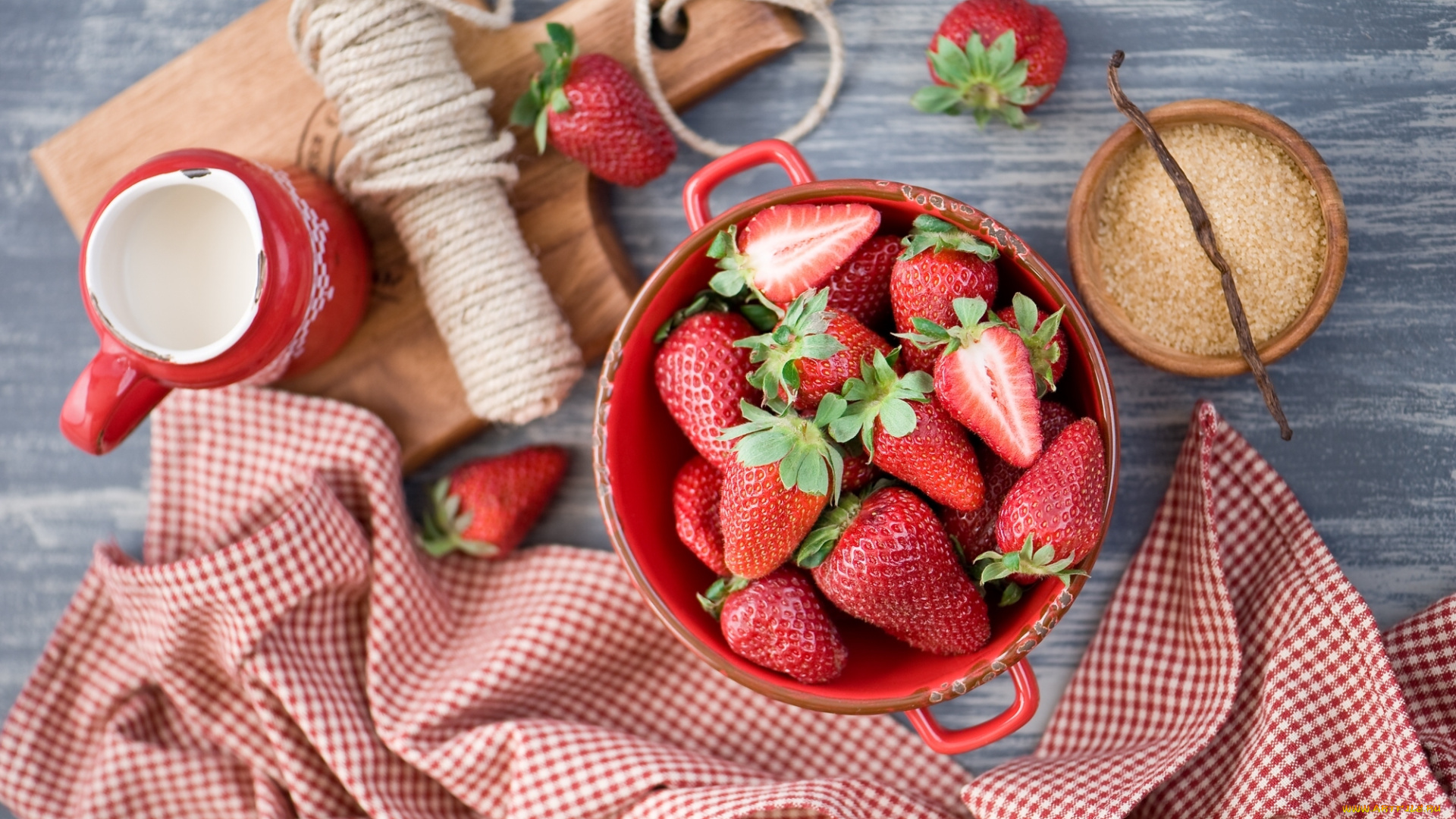 еда, клубника, земляника, сахар, полотенце, ягоды, шпагат