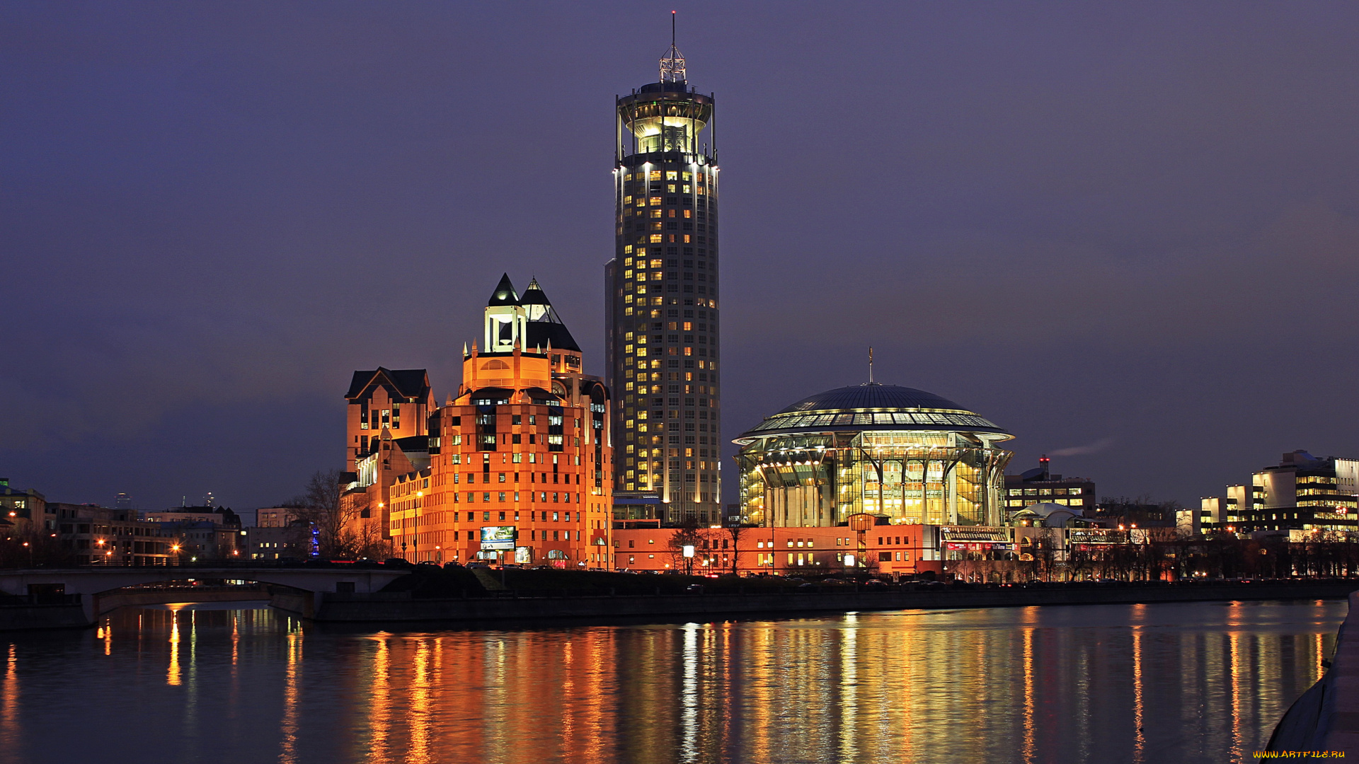 международный, дом, музыки, города, москва, россия, ночь, огни, дома, река