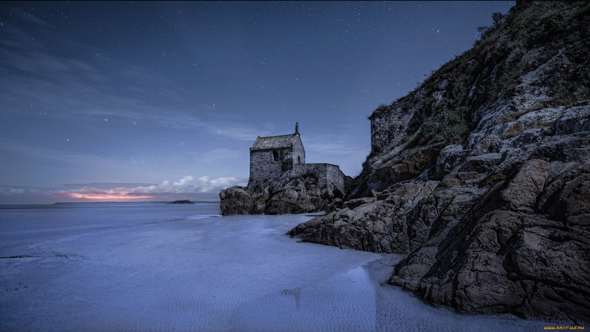 природа, побережье, берег, море, отлив, ночь, небо, звезды