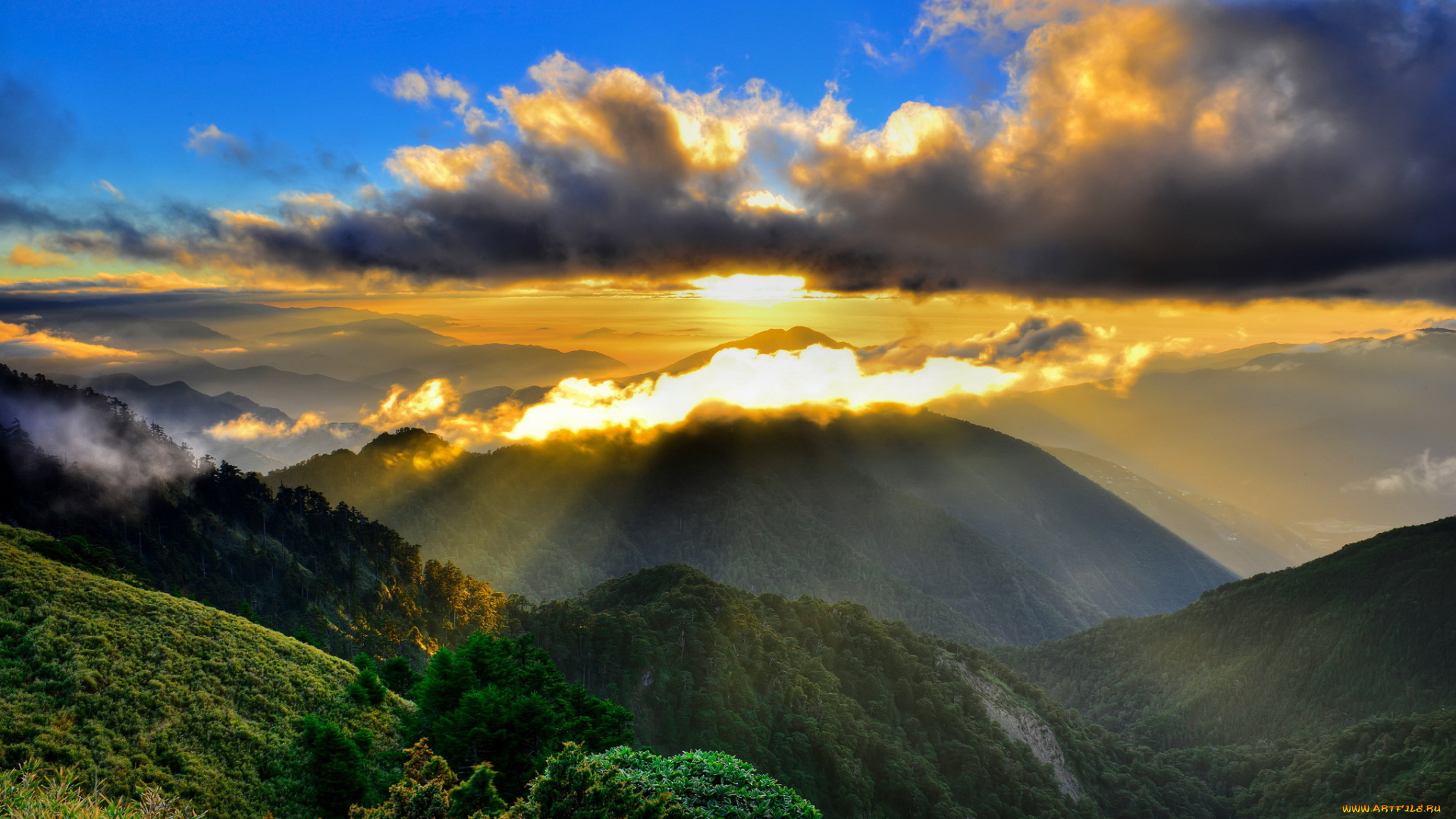 природа, восходы, закаты, утро, лучи, солнце, тучи, туман, горы