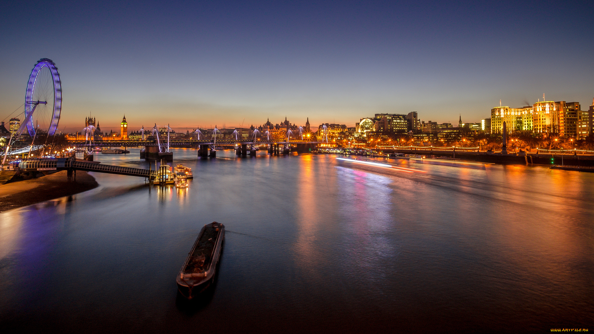 города, лондон, великобритания, город, вечер, ночь, огни, река, колесо, обозрения