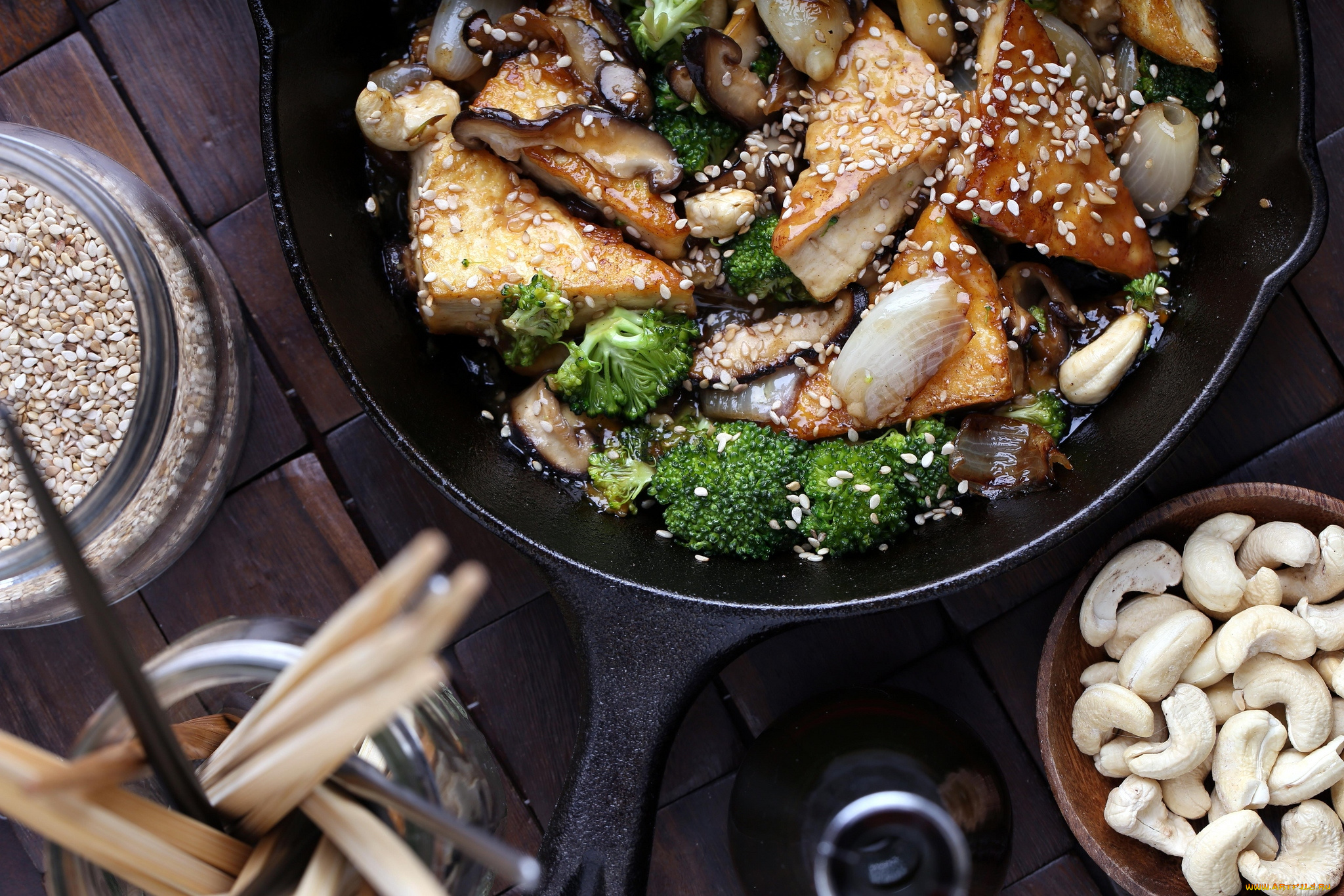 еда, вторые, блюда, тофу, кунжут, брокколи, кешью