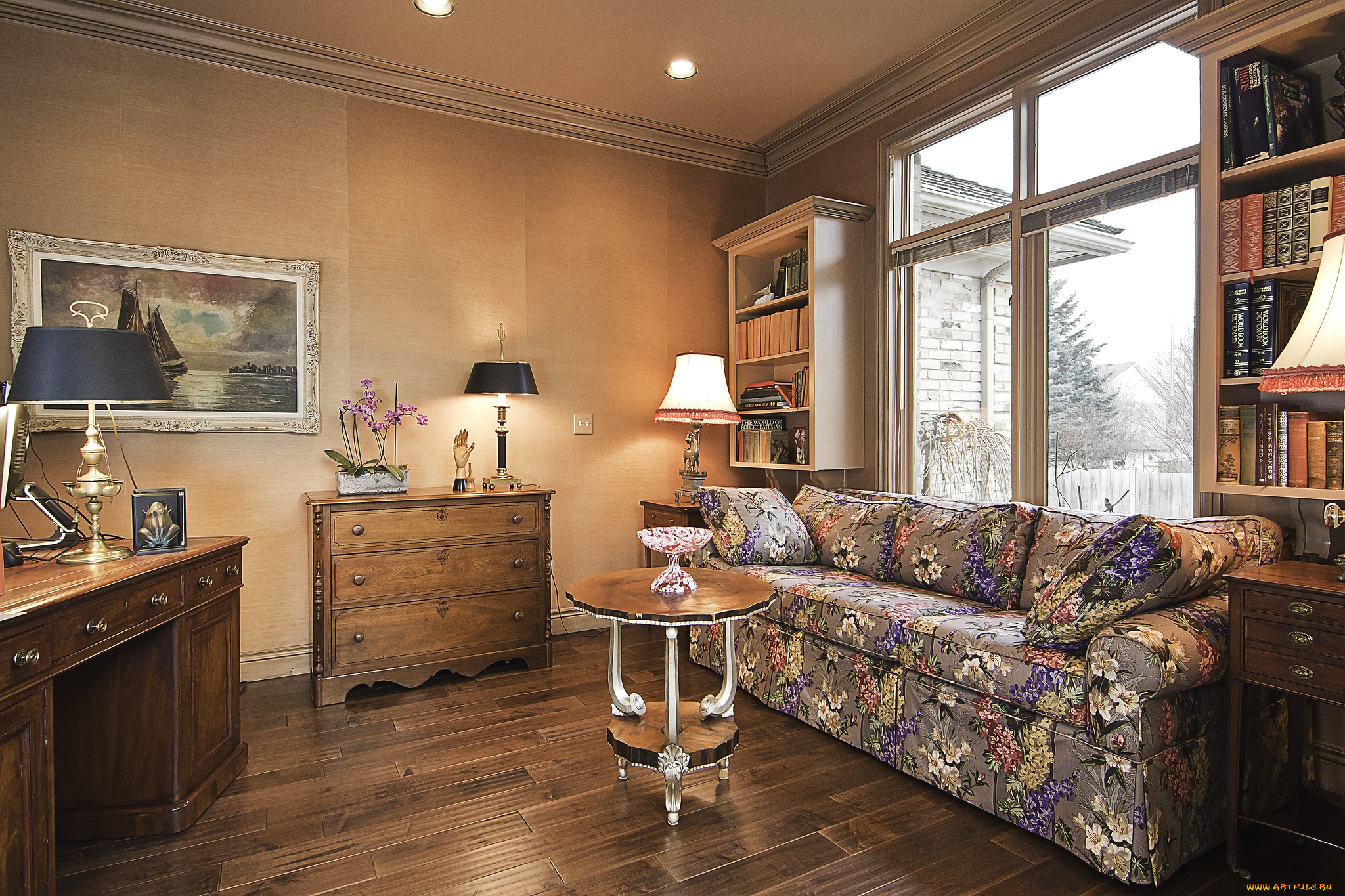 интерьер, кабинет, библиотека, офис, книги, лампа, стол, диван