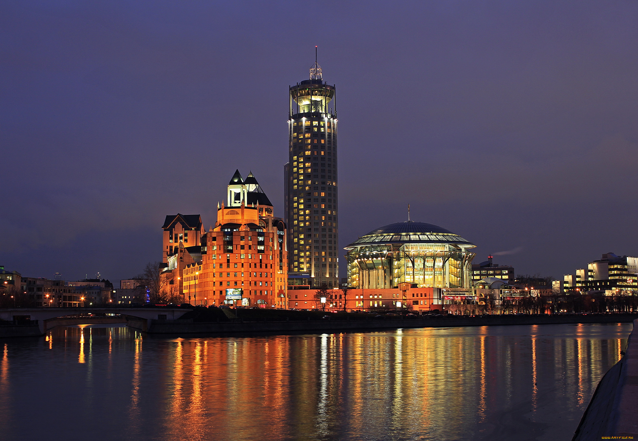 международный, дом, музыки, города, москва, россия, ночь, огни, дома, река