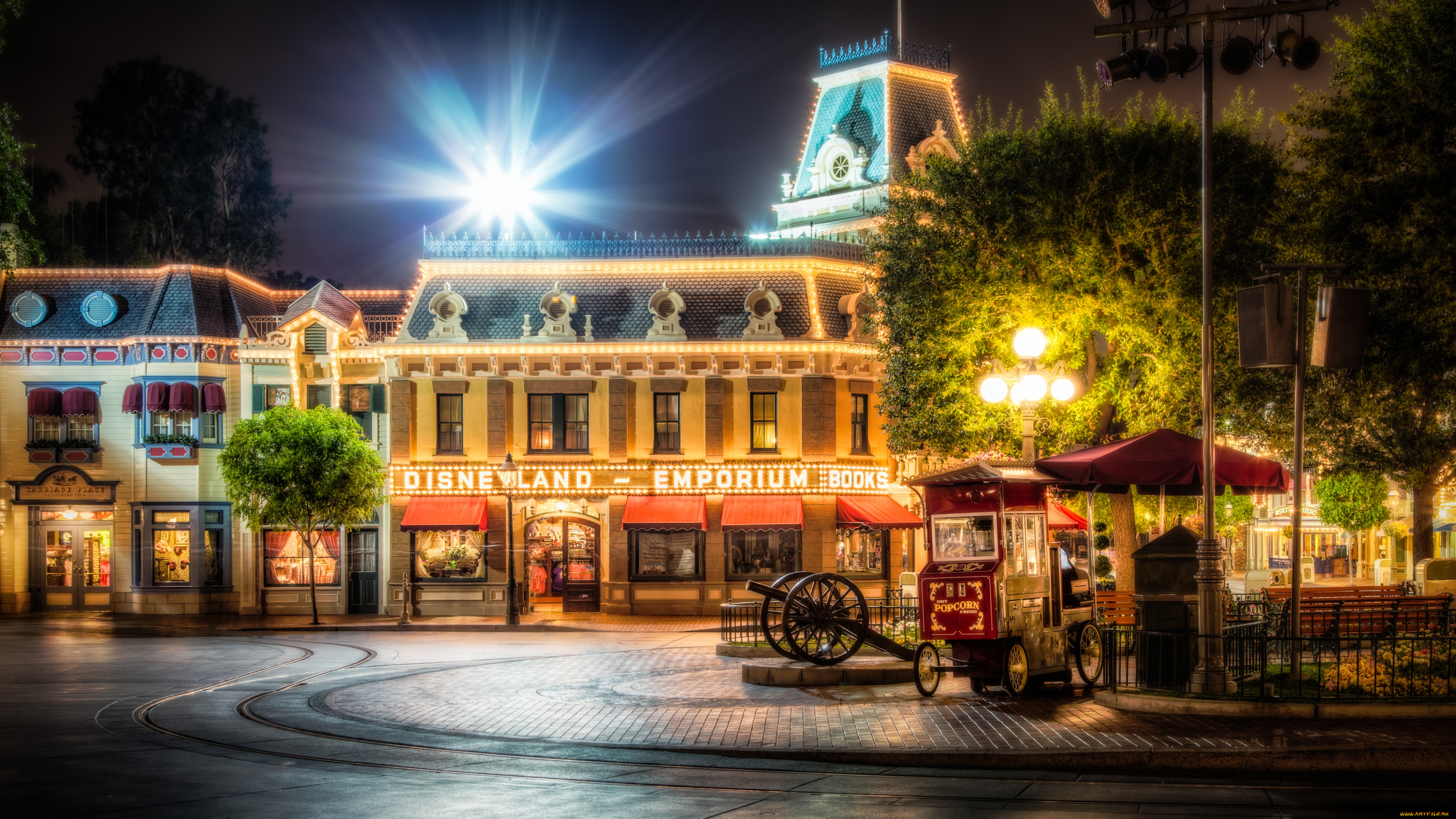 города, диснейленд, здания, ночь, киоски, площадь