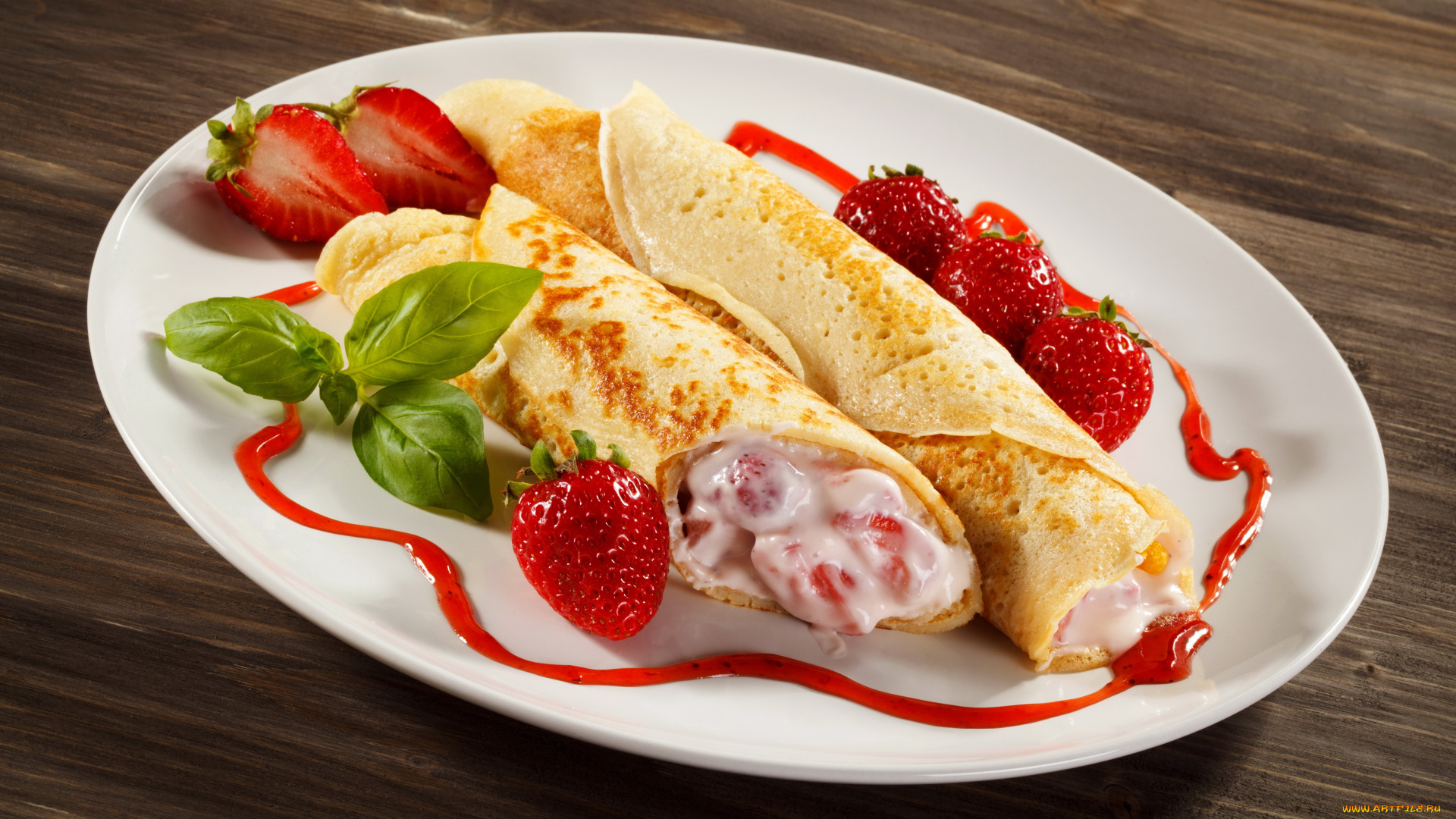 еда, блины, , оладьи, тарелка, крем, клубника