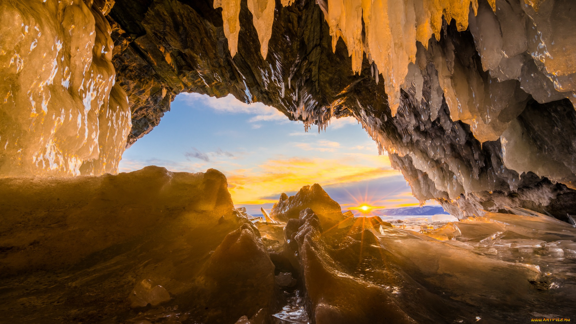 природа, айсберги, и, ледники, солнце, арка, торосы