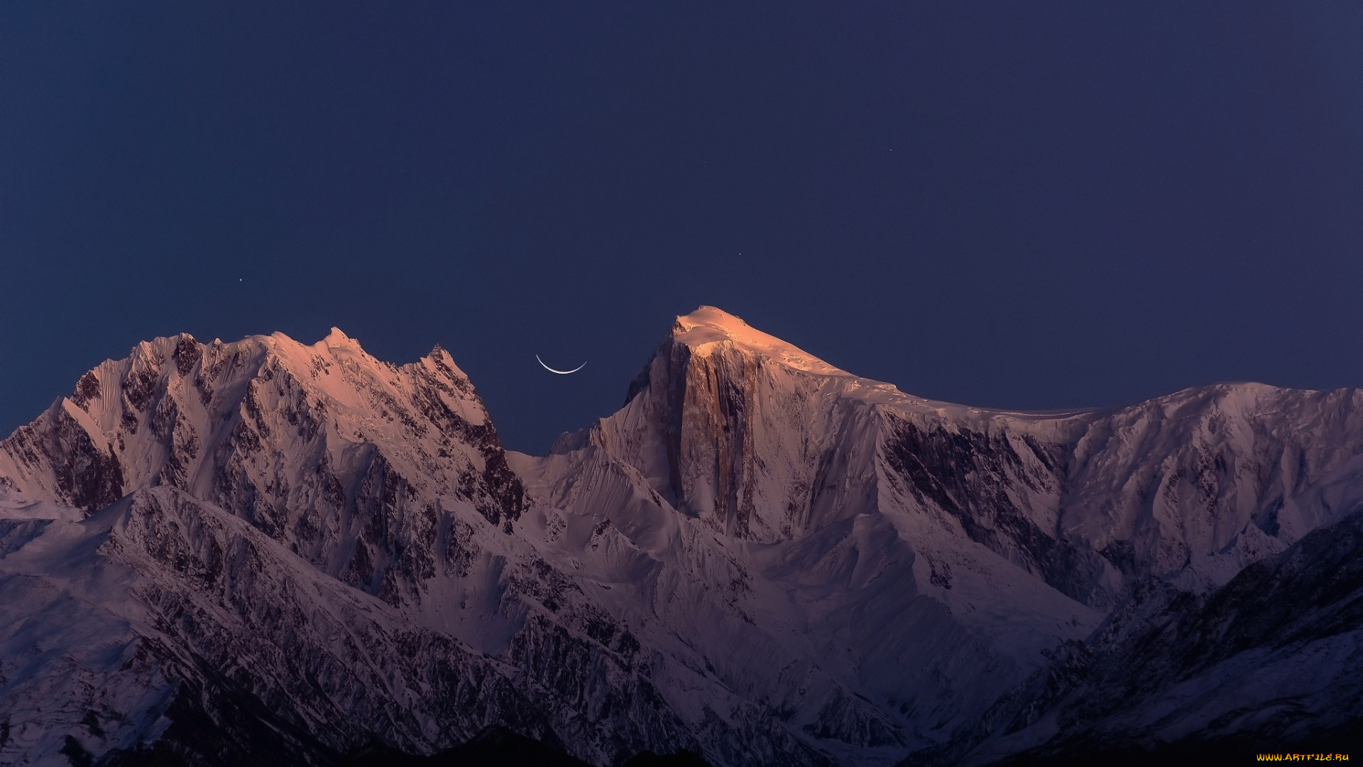 природа, горы, ночь, месяц, небо