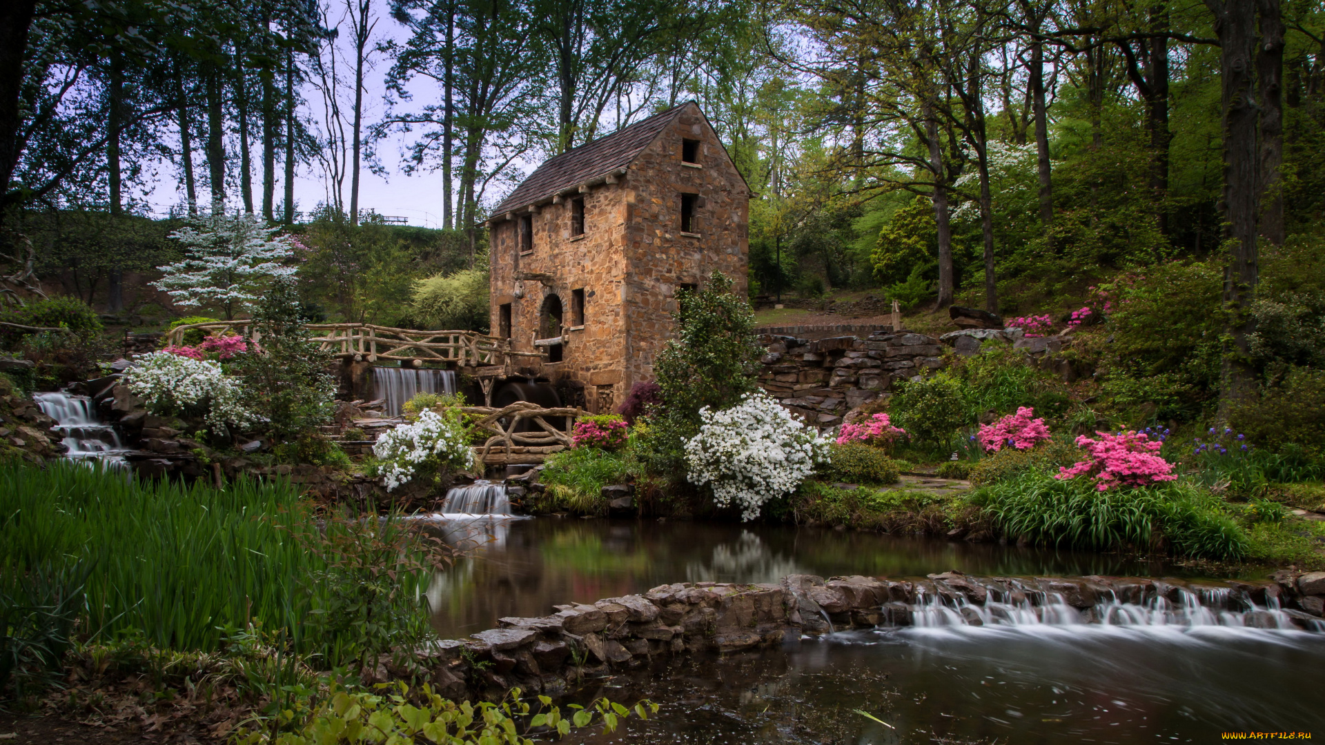 природа, парк, водопад, мельница, река, трава, деревья