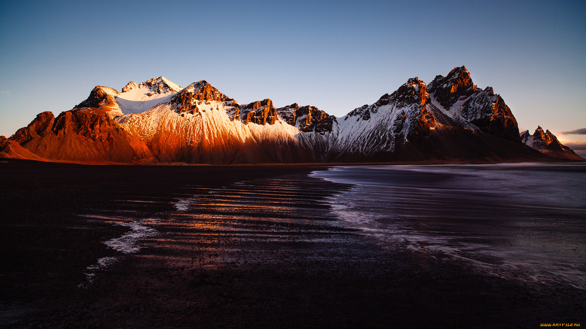 природа, побережье, свет, море, горы, stockksness, vestrahorn, исландия