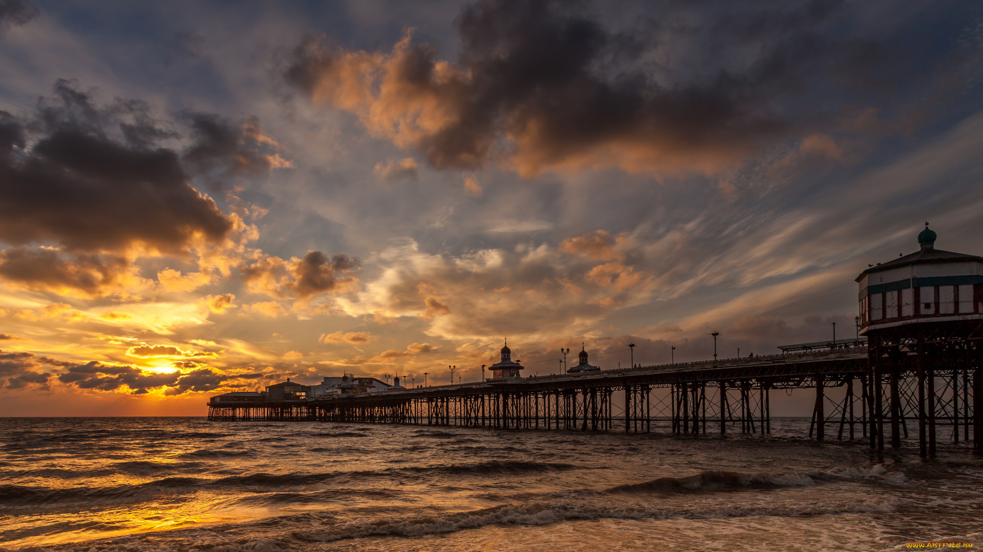 природа, восходы, закаты, горизонт, мост, океан, тучи, зарево