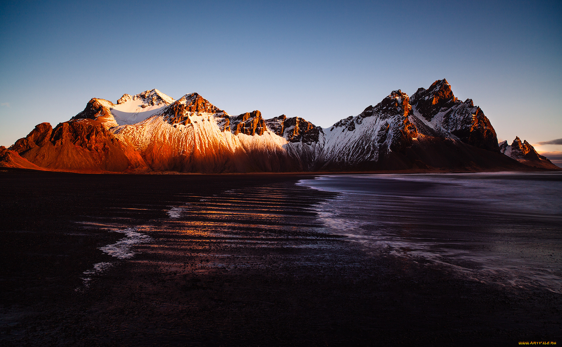 природа, побережье, свет, море, горы, stockksness, vestrahorn, исландия
