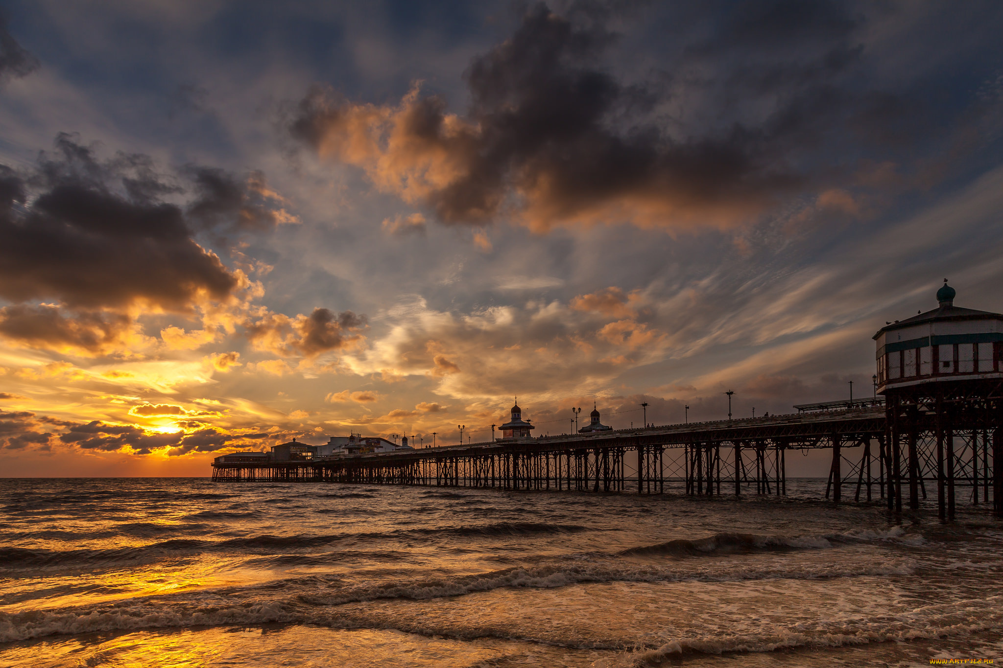 природа, восходы, закаты, горизонт, мост, океан, тучи, зарево