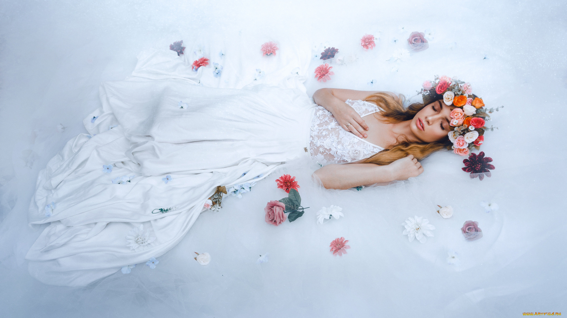 девушки, -unsort, , брюнетки, , шатенки, тюль, девушка, спящая, красавица, венок, платье, цветы