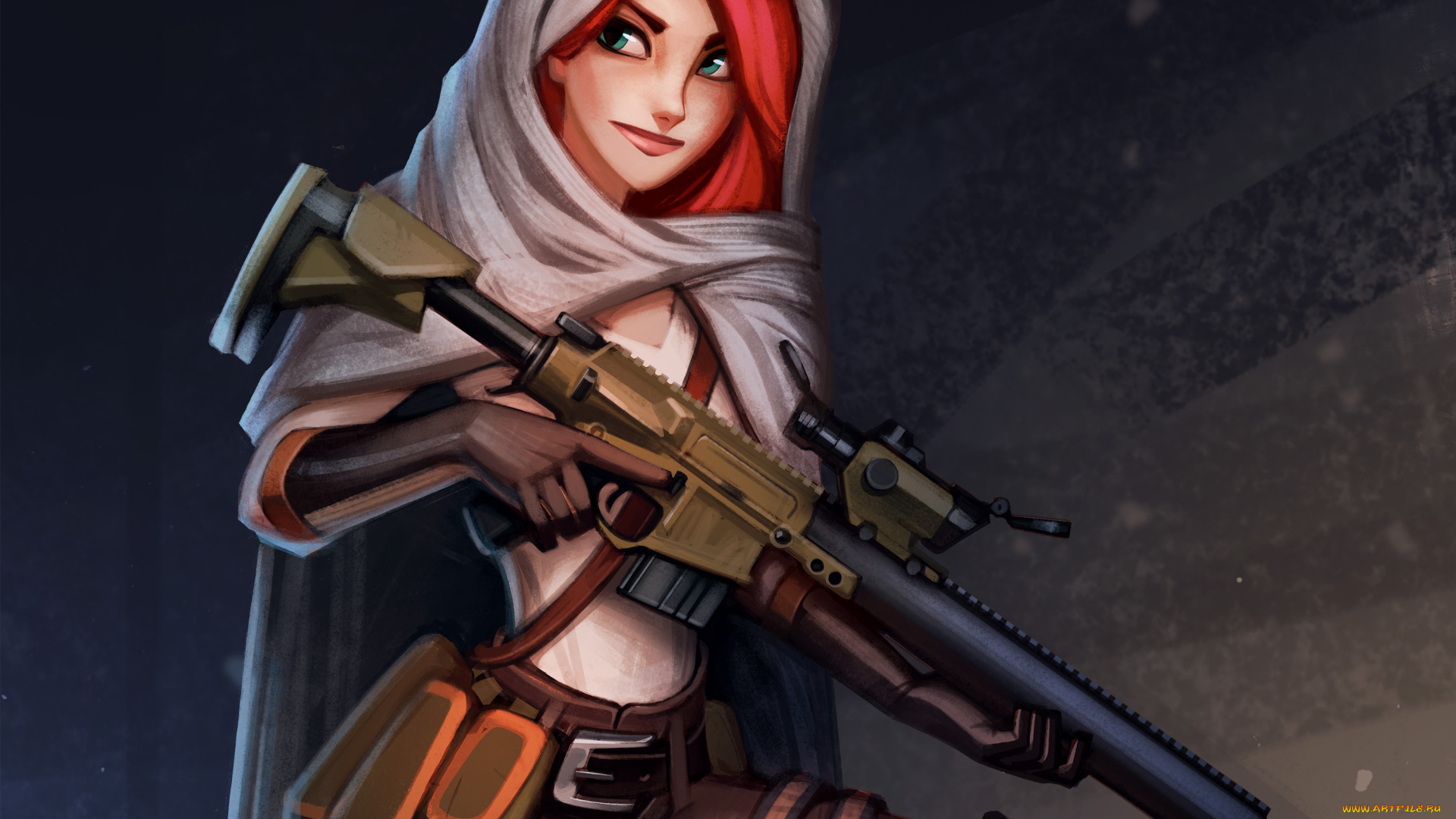 фэнтези, девушки, взгляд, красные, волосы, арт, поза, оружие, зеленые, глаза, девушка