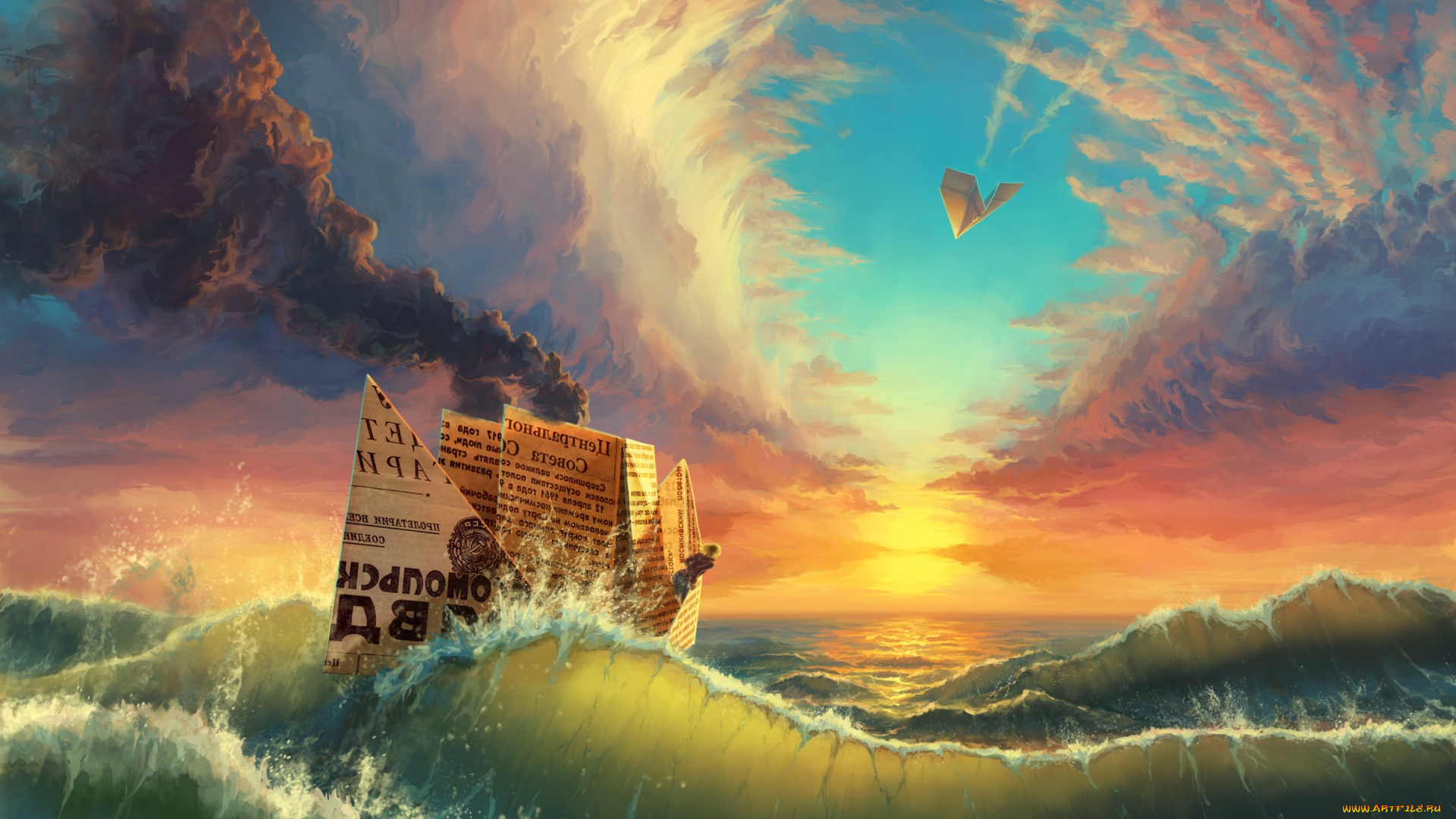 фэнтези, корабли, путешествие, кораблик, газета, море, облака